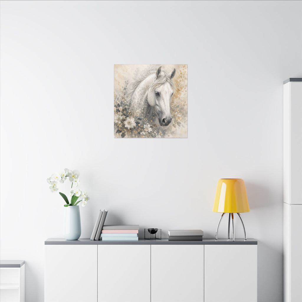 White Horse Floral Canvas Wall Art — Matte Stretched Horse Portrait