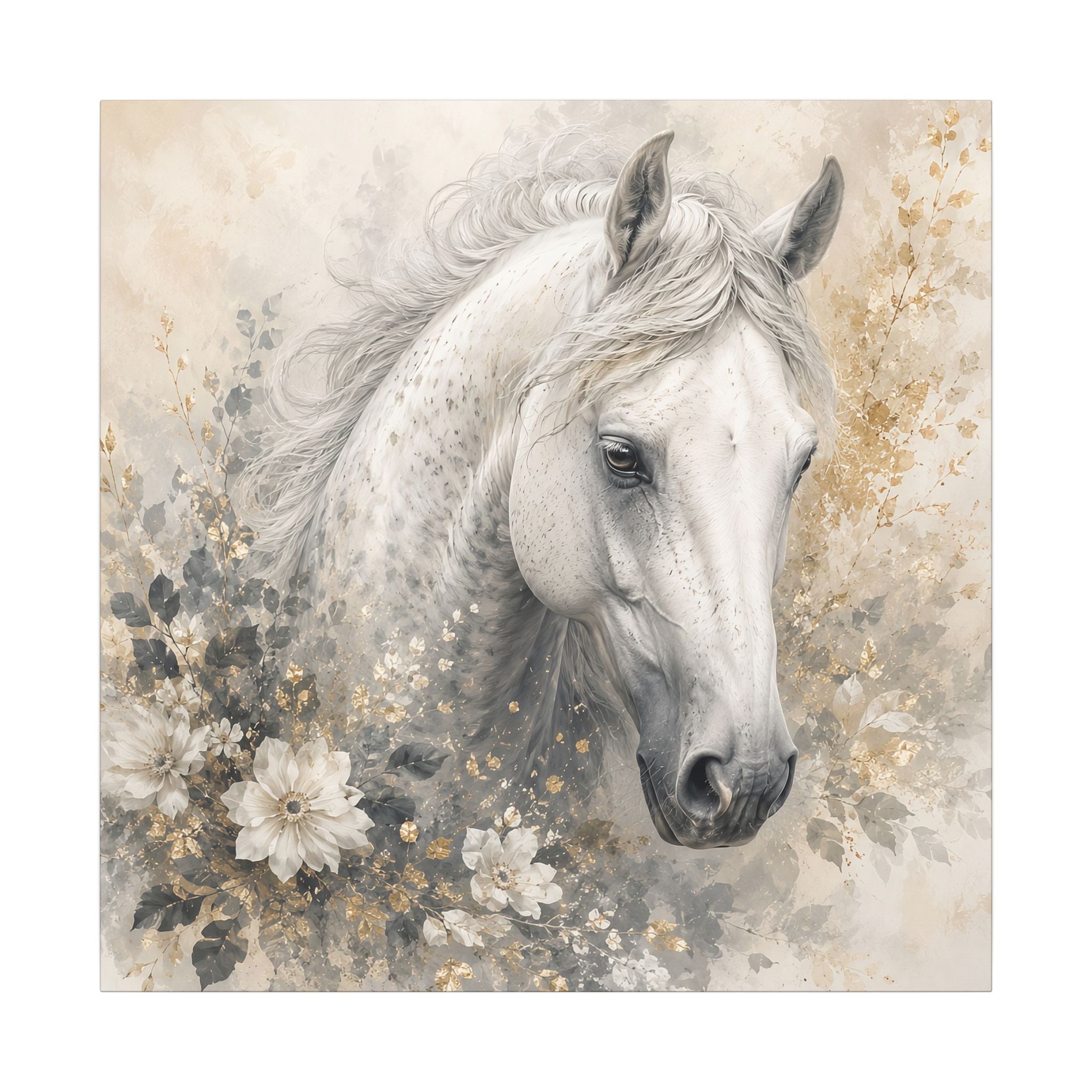 White Horse Floral Canvas Wall Art — Matte Stretched Horse Portrait