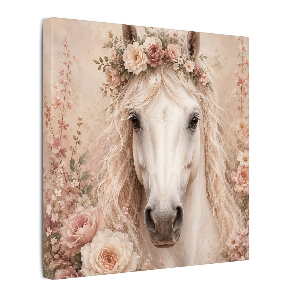 Floral White Horse Matte Canvas Wall Art