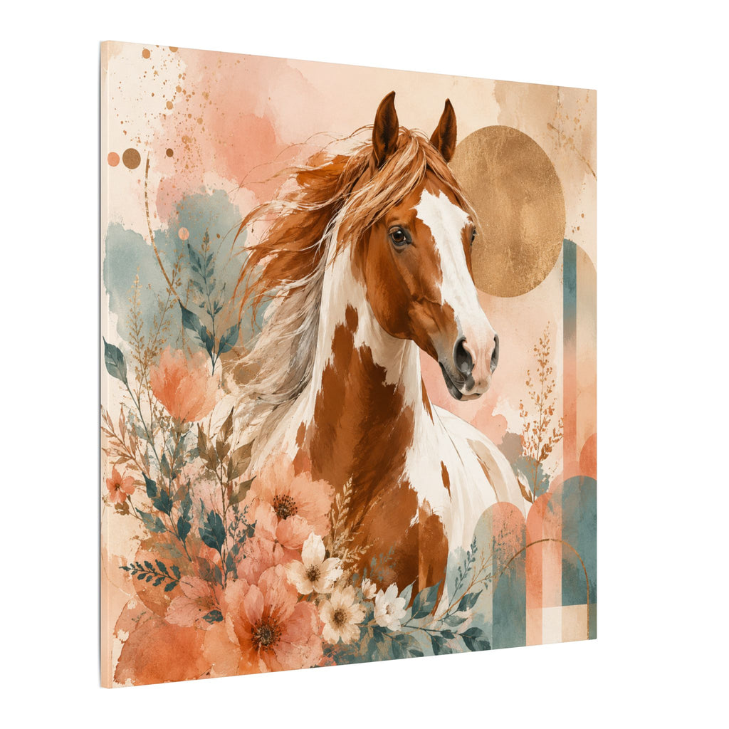 Painted Pinto Horse Canvas Wall Art — Boho Floral Equestrian Decor