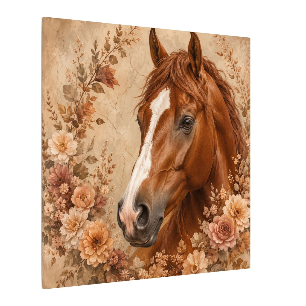 Chestnut Horse Portrait Canvas Wall Art — Floral Rustic Equestrian Decor