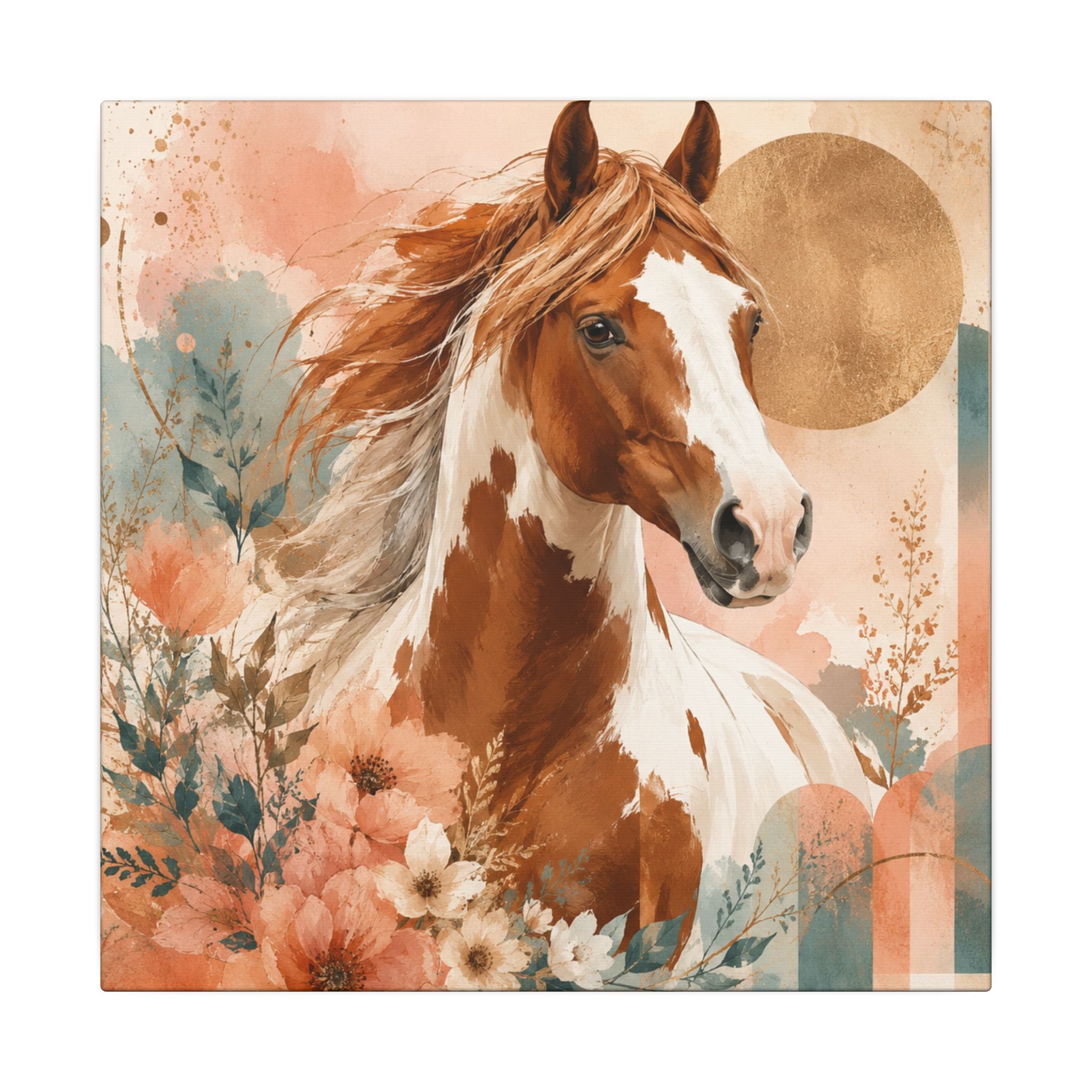 Painted Pinto Horse Canvas Wall Art — Boho Floral Equestrian Decor