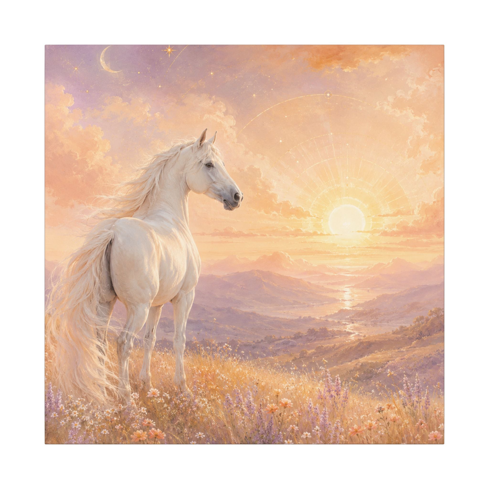 Equine Sunrise Matte Canvas Wall Art — White Horse Fantasy Landscape