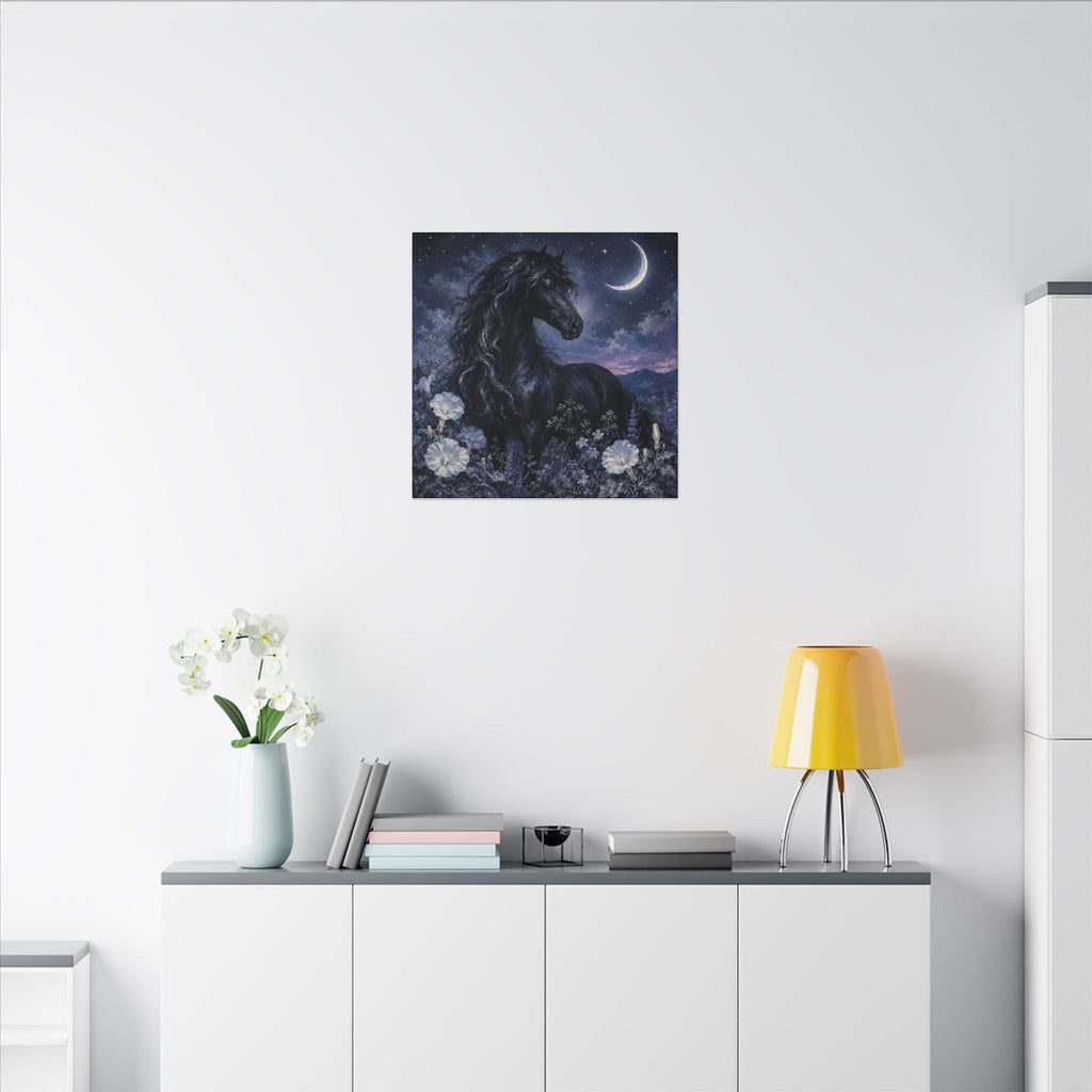 Midnight Stallion Canvas — Black Horse Moonlit Wall Art