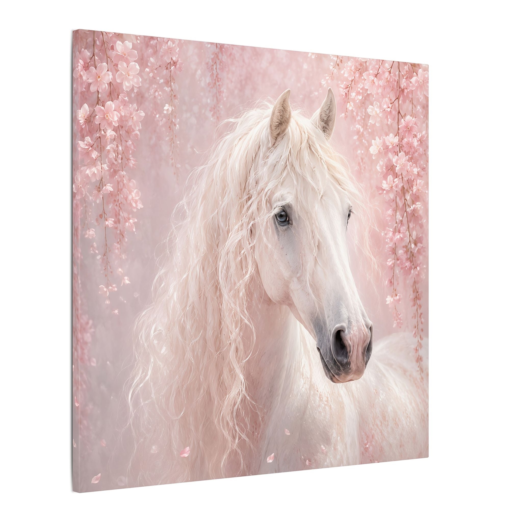 White Horse Canvas Wall Art — Romantic Pink Floral Unicorn-Style Print