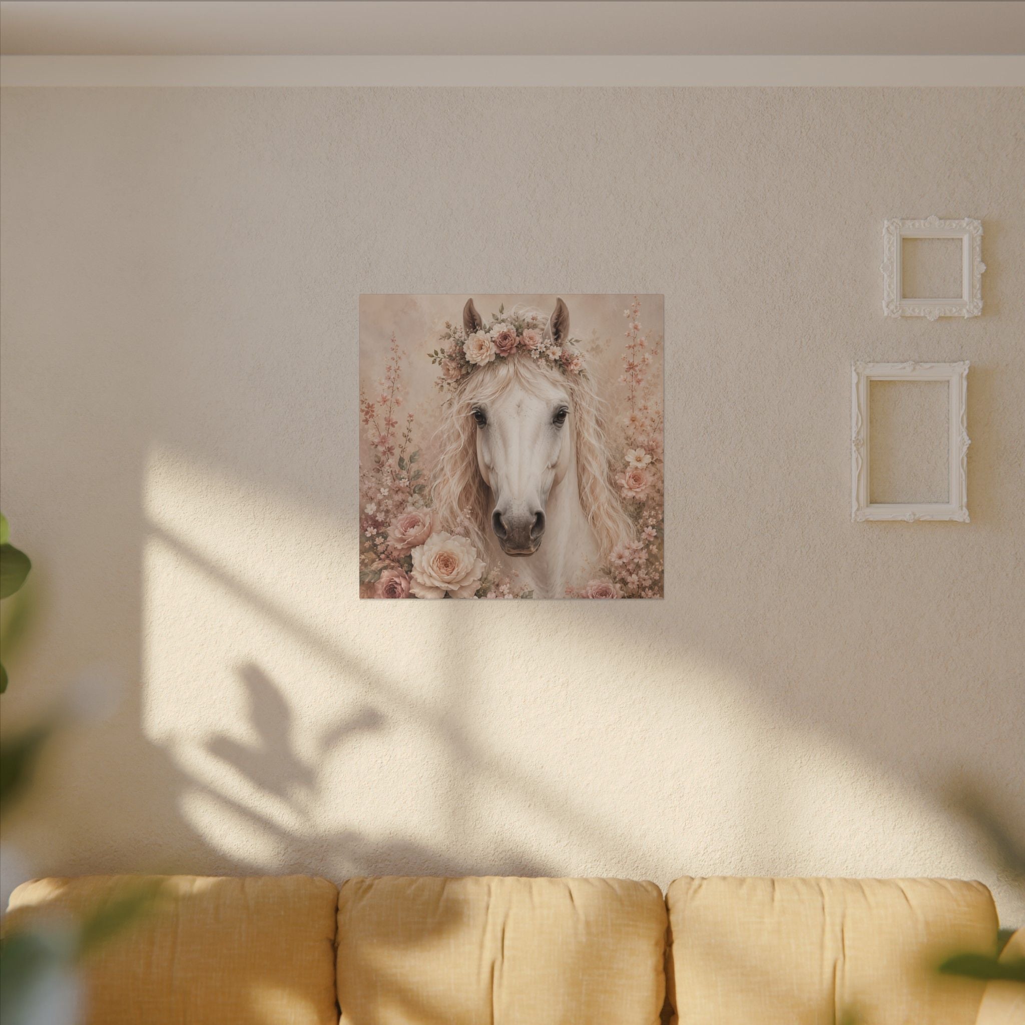 Floral White Horse Matte Canvas Wall Art
