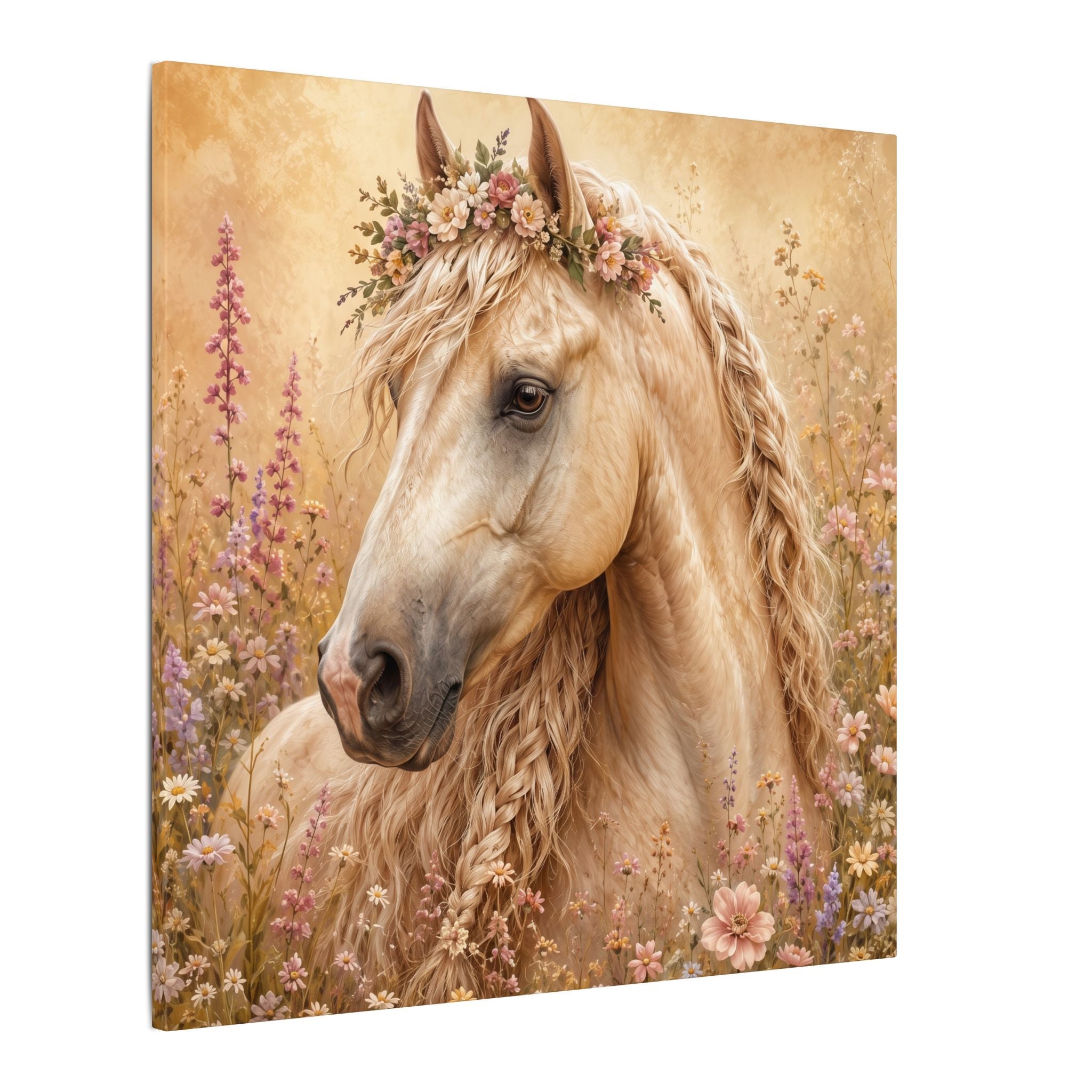 Golden Floral Horse Canvas Print — Matte Stretched Wall Art