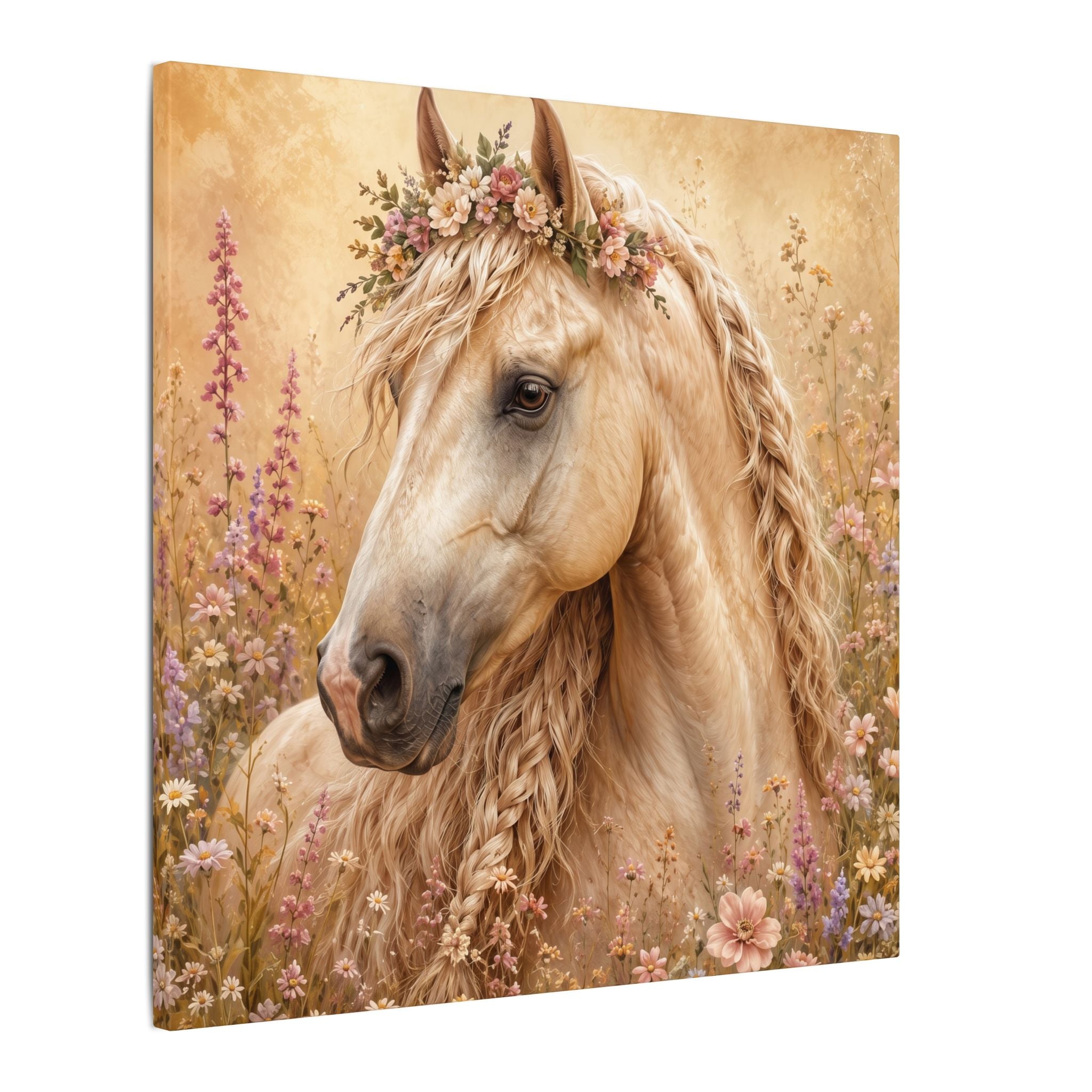 Golden Floral Horse Canvas Print — Matte Stretched Wall Art