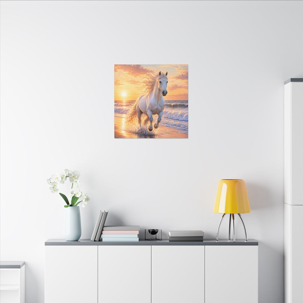 White Horse on Beach Canvas Print — Sunset Seaside Wall Art