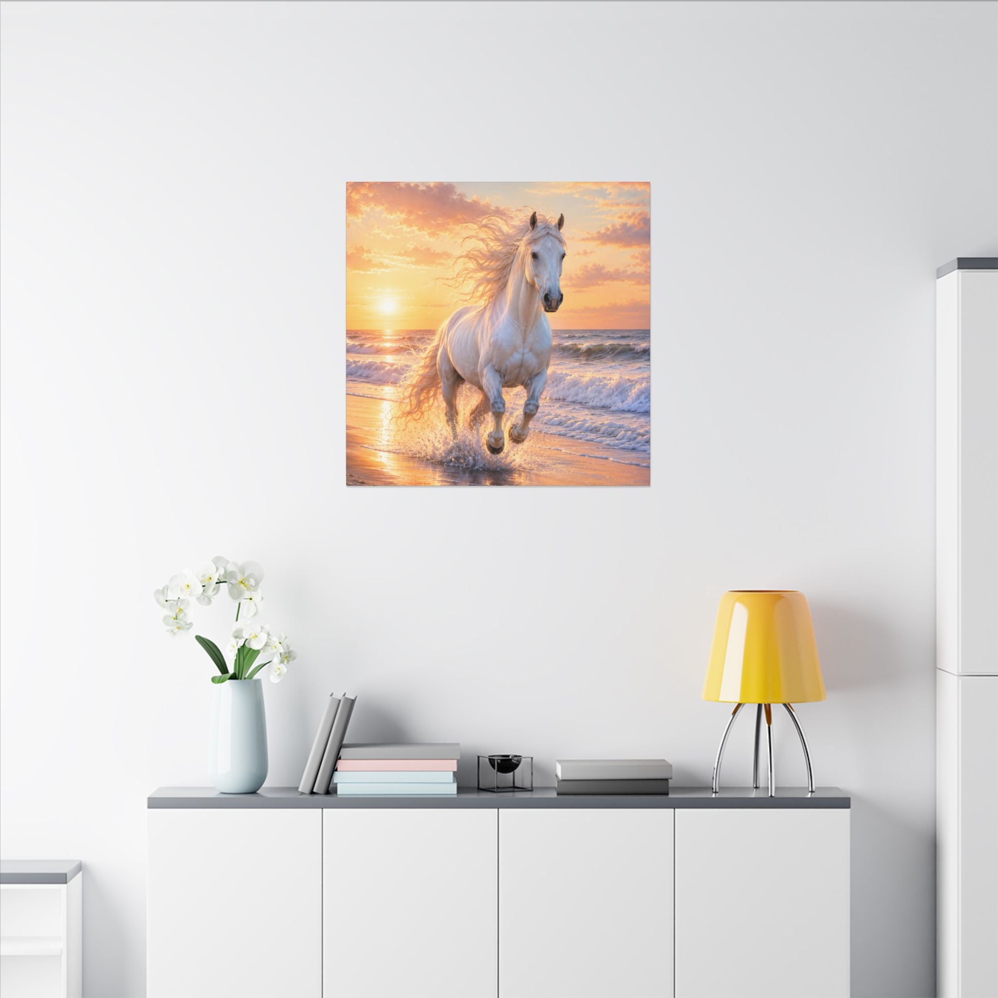 White Horse on Beach Canvas Print — Sunset Seaside Wall Art