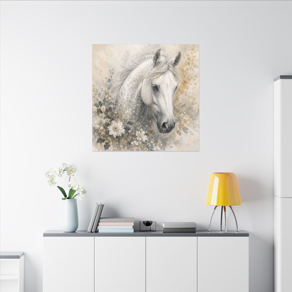 White Horse Floral Canvas Wall Art — Matte Stretched Horse Portrait