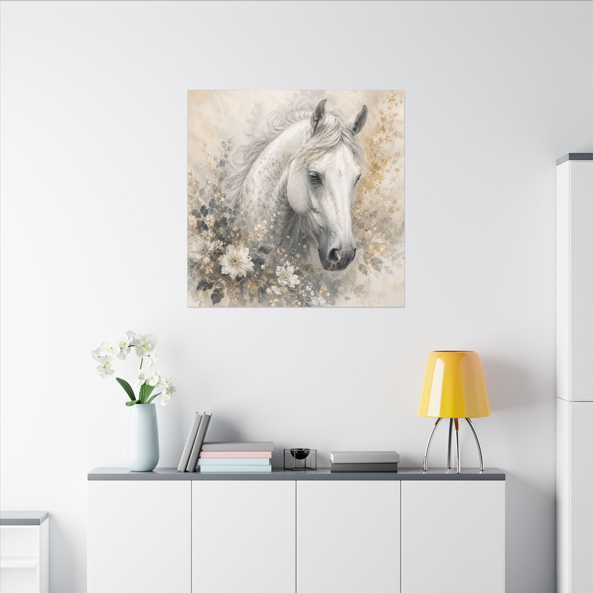 White Horse Floral Canvas Wall Art — Matte Stretched Horse Portrait