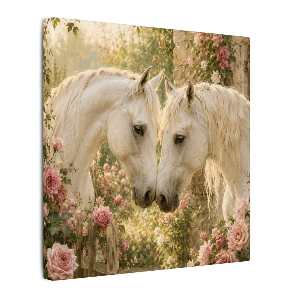 Romantic White Horses Canvas Wall Art — Floral Garden Horse Print