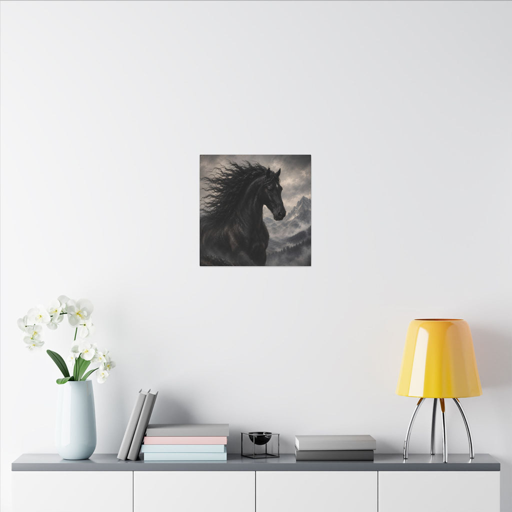 Majestic Black Horse Matte Canvas Wall Art — Dramatic Mountain Stallion Print