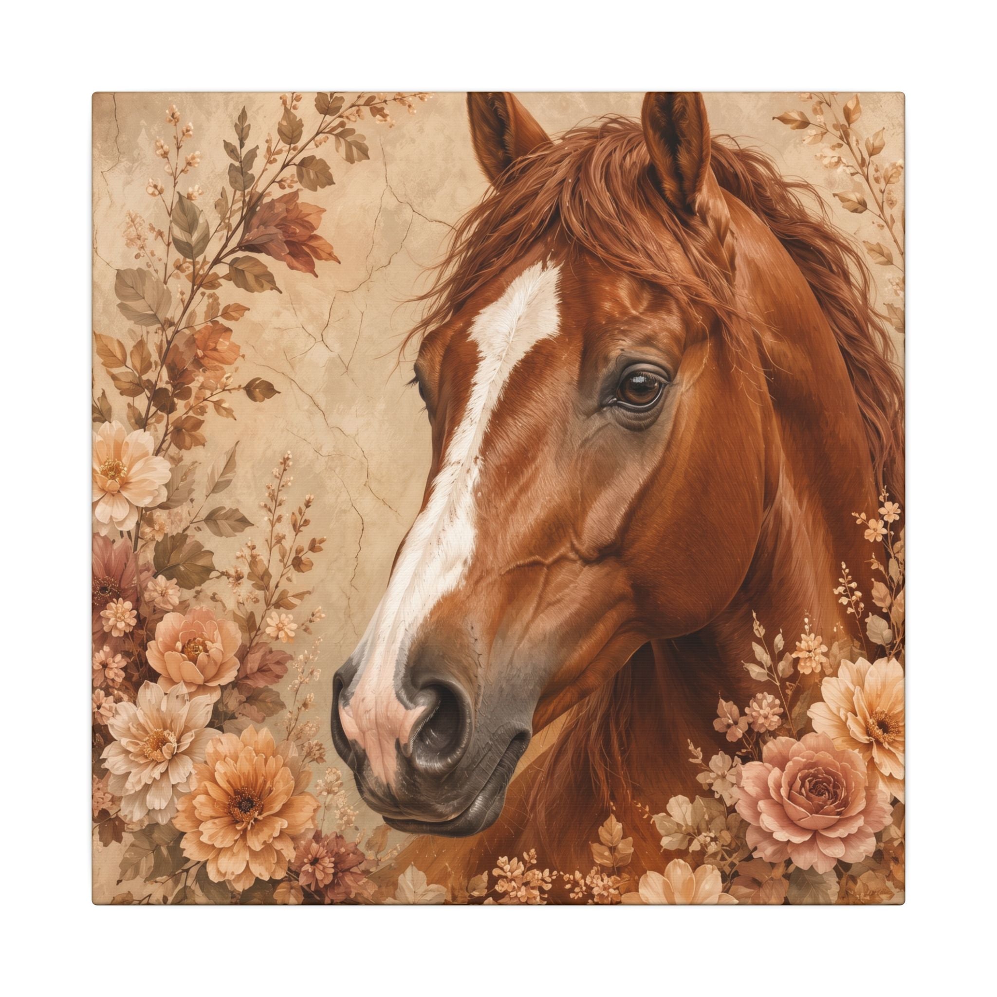 Chestnut Horse Portrait Canvas Wall Art — Floral Rustic Equestrian Decor