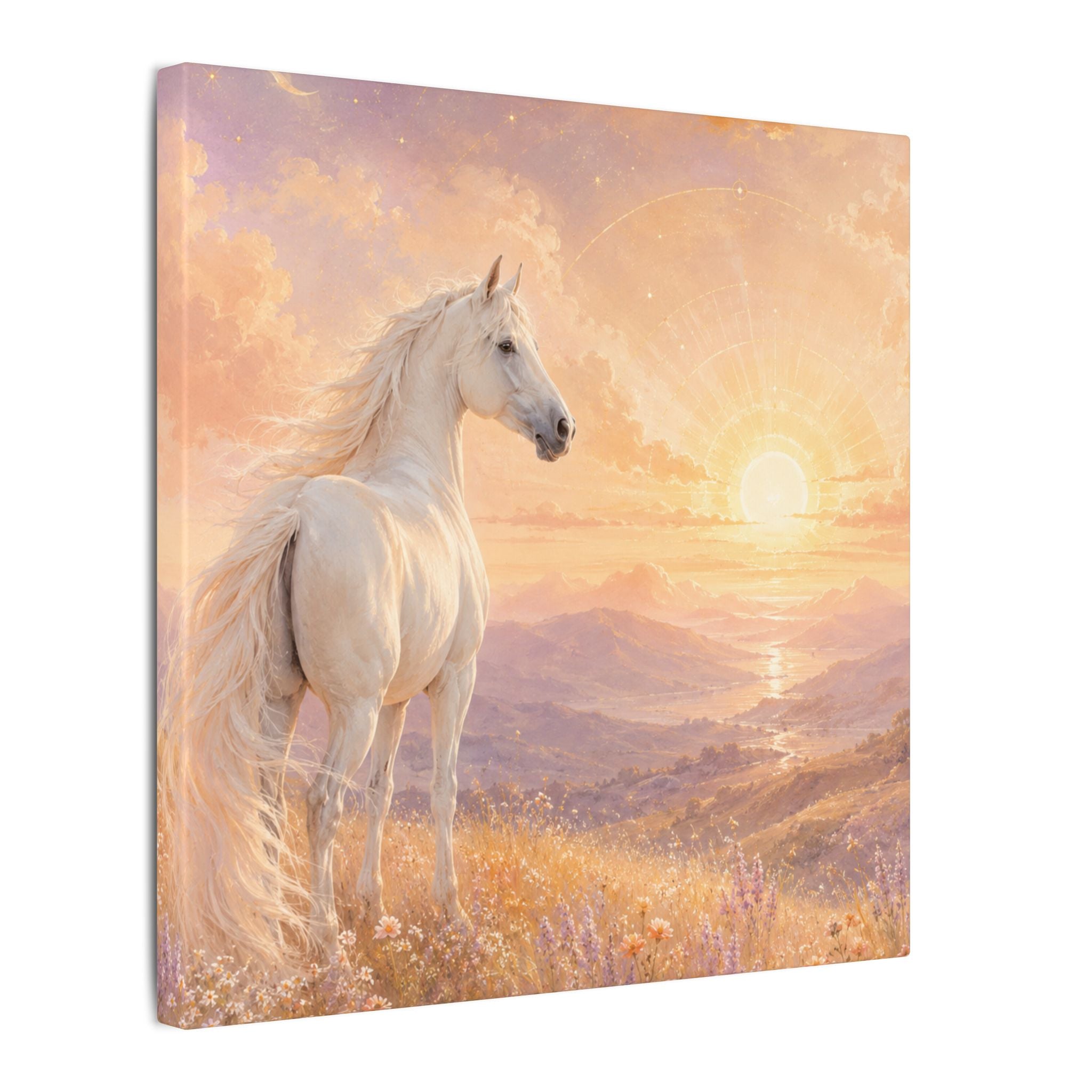 Equine Sunrise Matte Canvas Wall Art — White Horse Fantasy Landscape