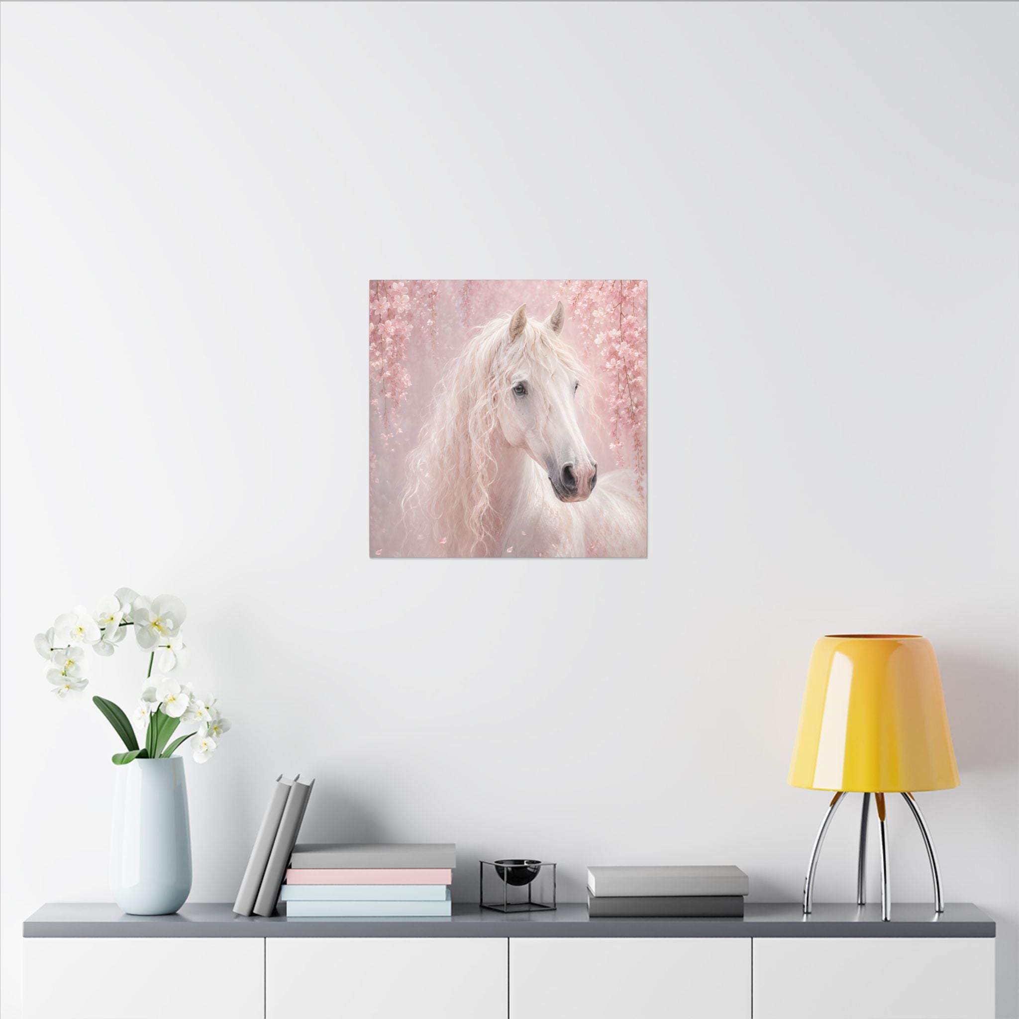 White Horse Canvas Wall Art — Romantic Pink Floral Unicorn-Style Print