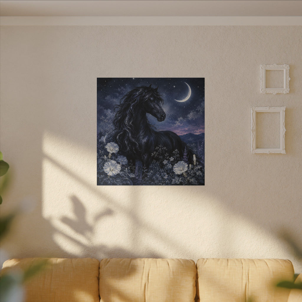 Midnight Stallion Canvas — Black Horse Moonlit Wall Art