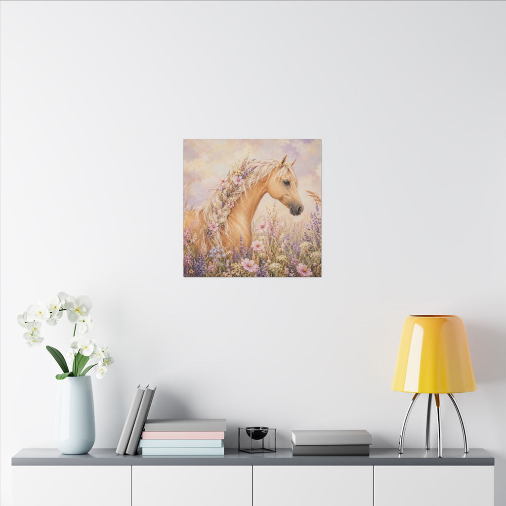 Palomino Horse Canvas Wall Art — Floral Meadow Matte Stretched Canvas