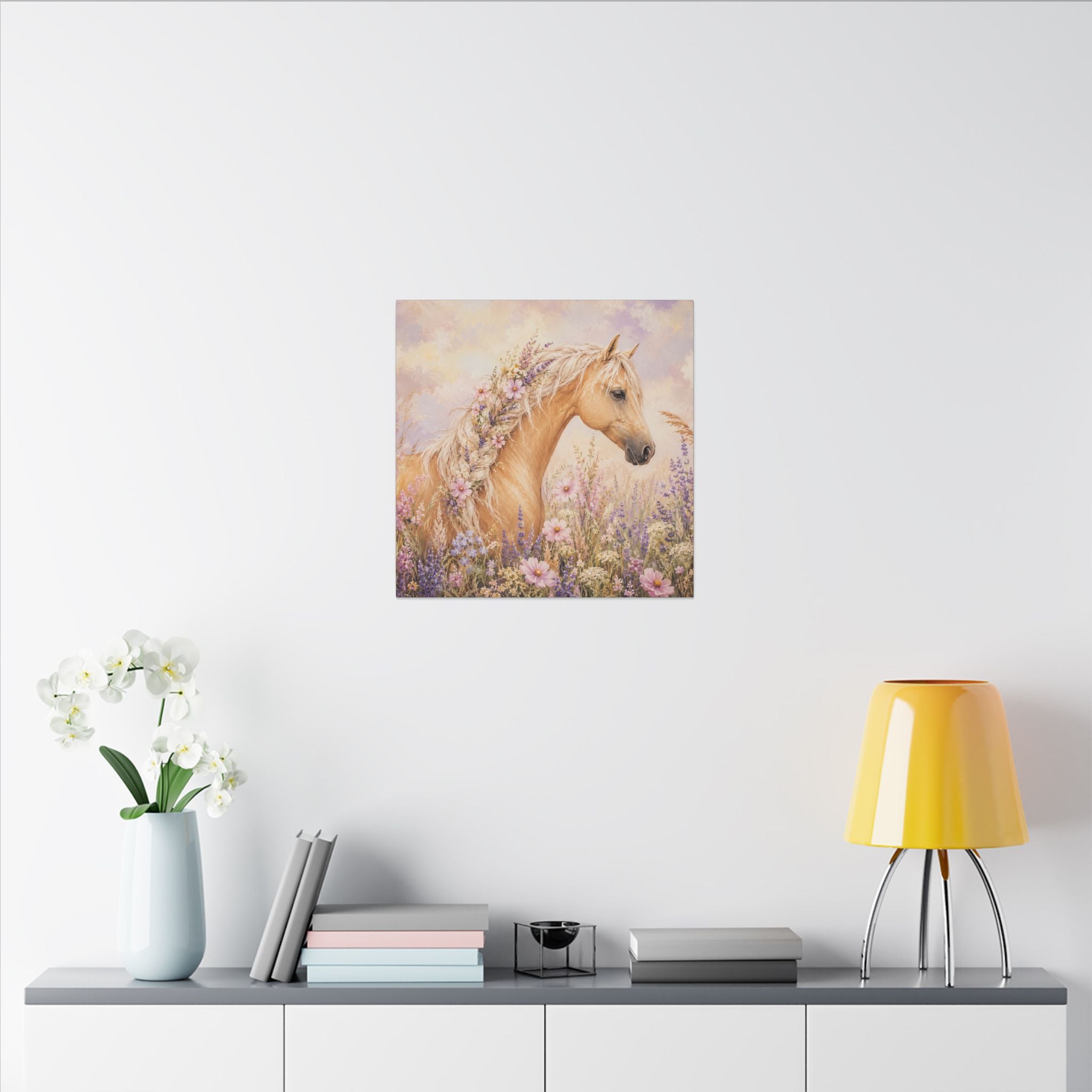 Palomino Horse Canvas Wall Art — Floral Meadow Matte Stretched Canvas