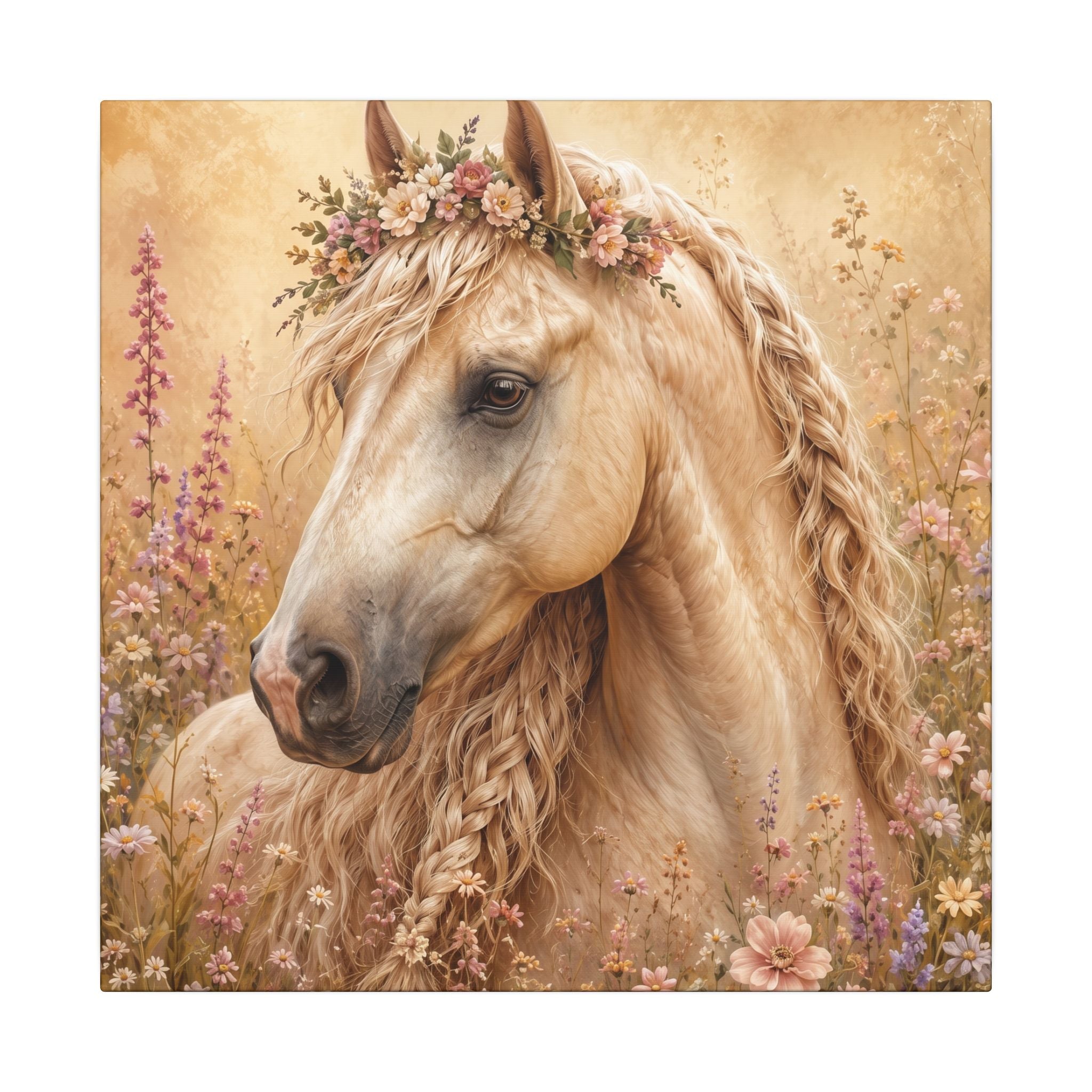 Golden Floral Horse Canvas Print — Matte Stretched Wall Art