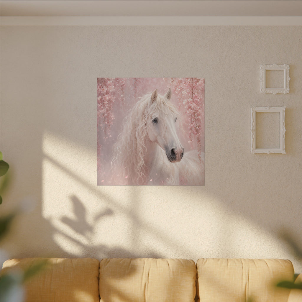 White Horse Canvas Wall Art — Romantic Pink Floral Unicorn-Style Print