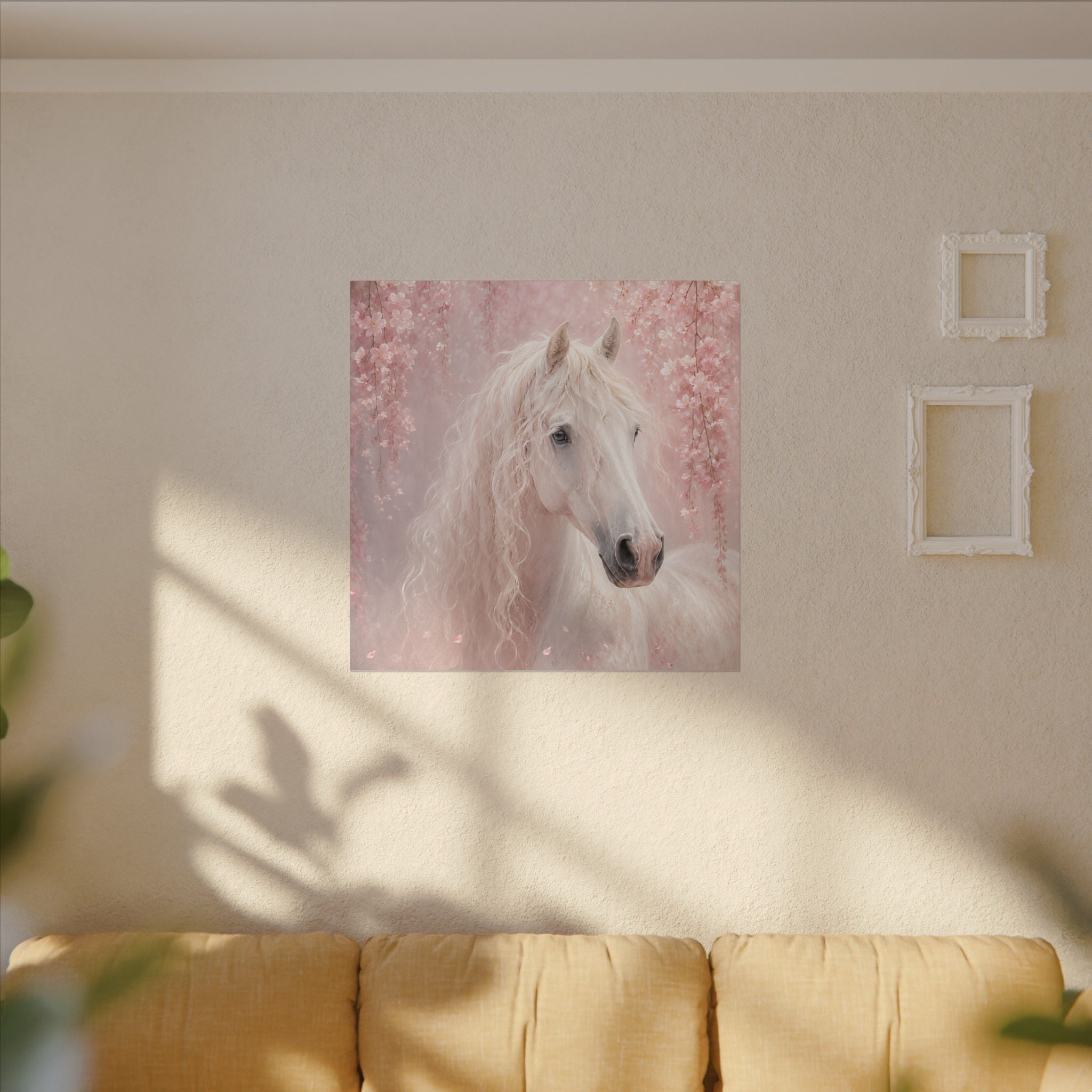 White Horse Canvas Wall Art — Romantic Pink Floral Unicorn-Style Print