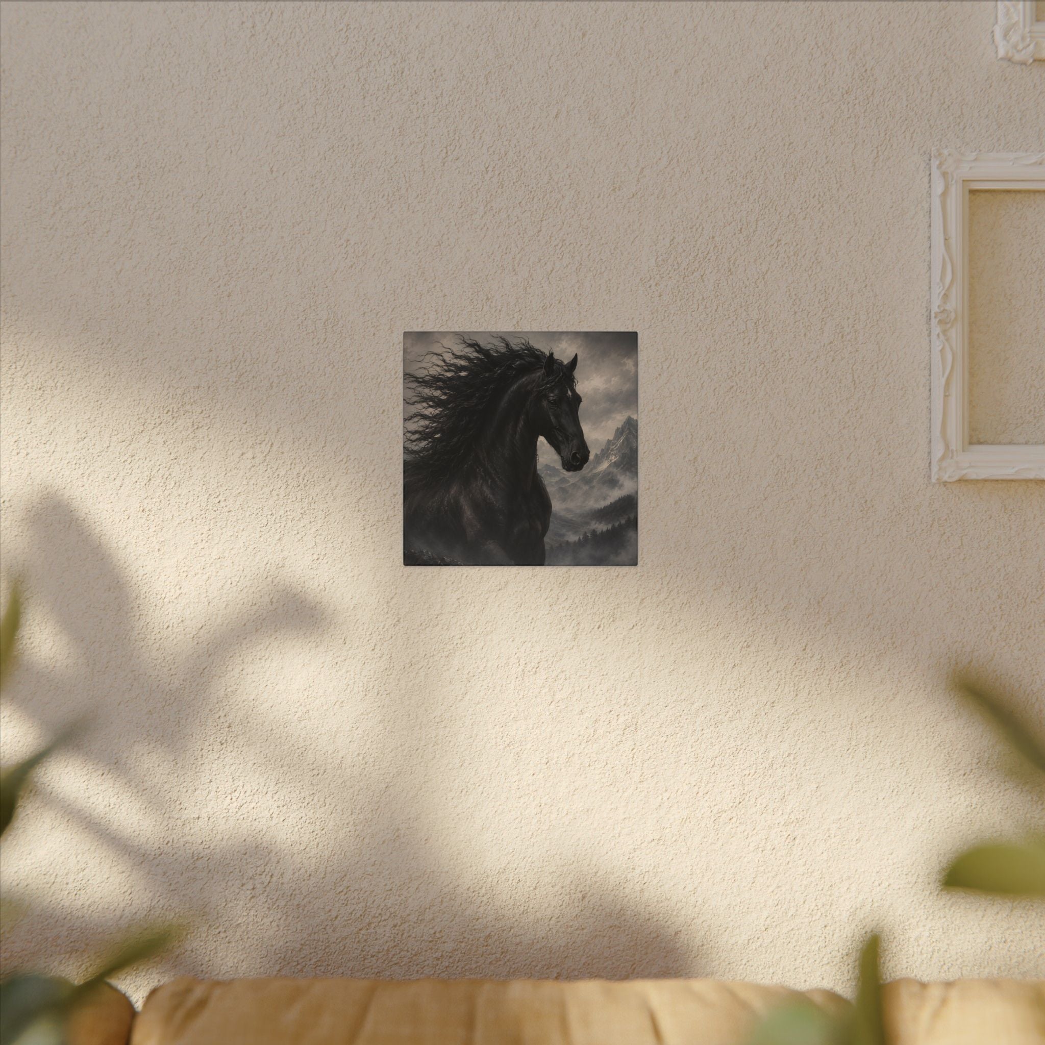 Majestic Black Horse Matte Canvas Wall Art — Dramatic Mountain Stallion Print