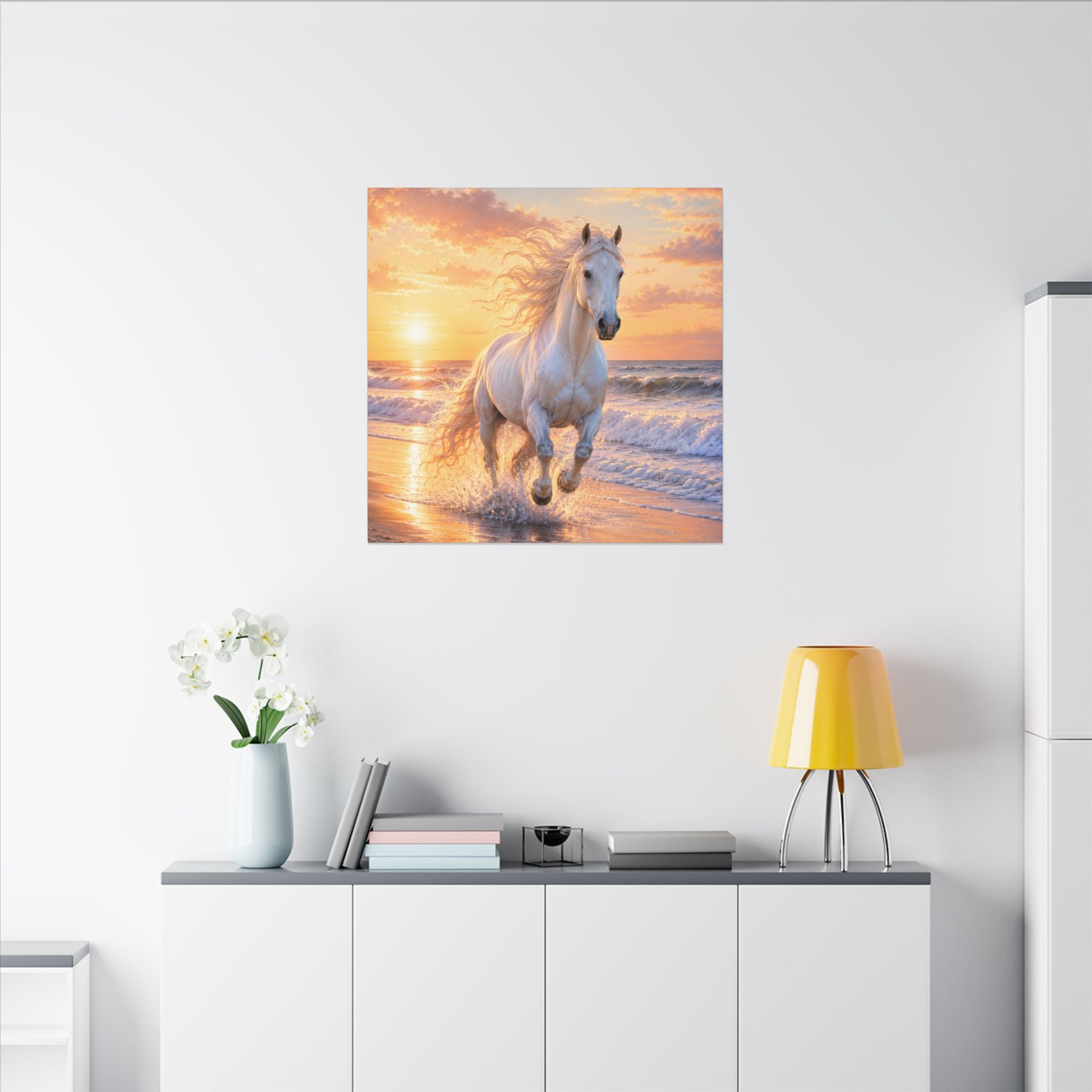 White Horse on Beach Canvas Print — Sunset Seaside Wall Art