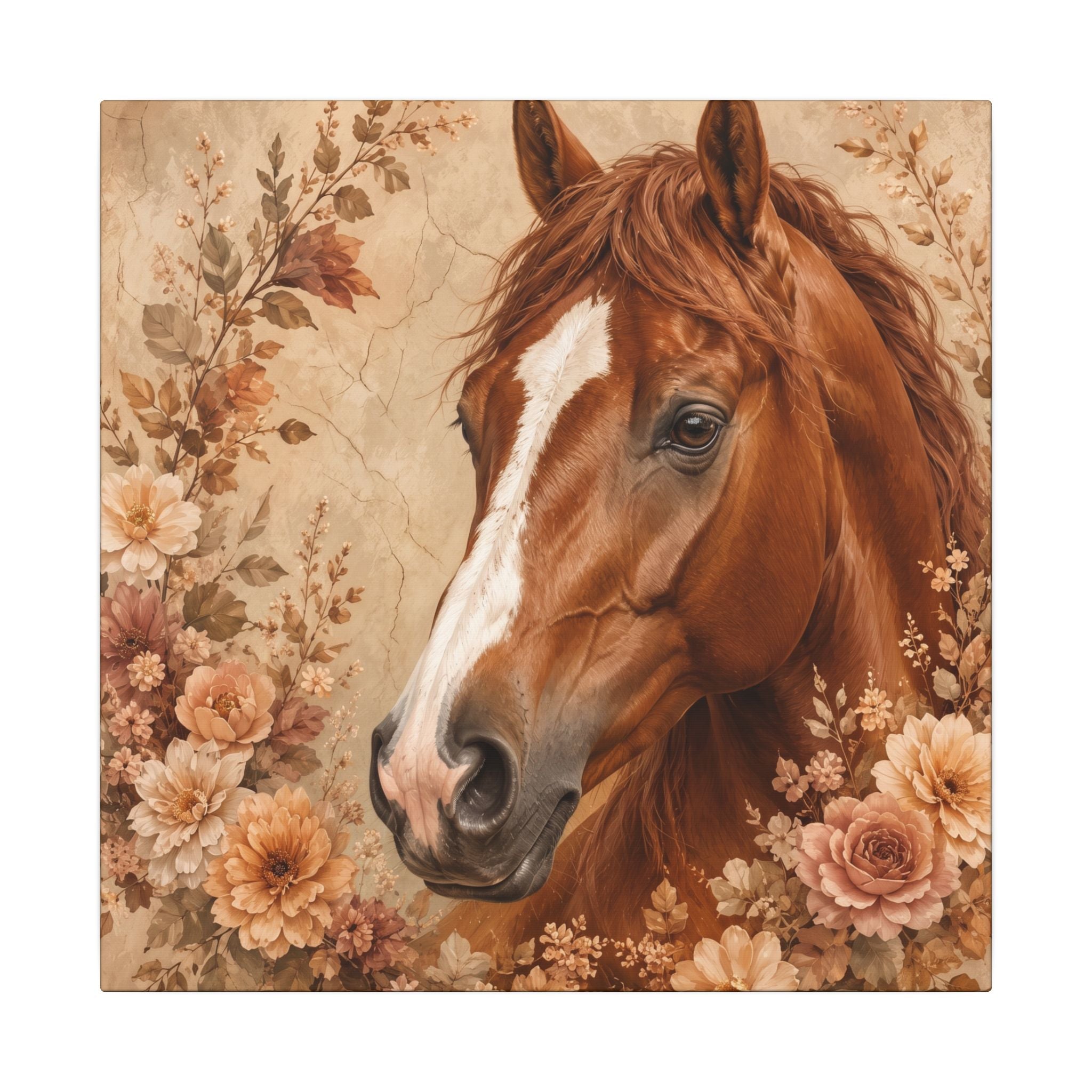 Chestnut Horse Portrait Canvas Wall Art — Floral Rustic Equestrian Decor