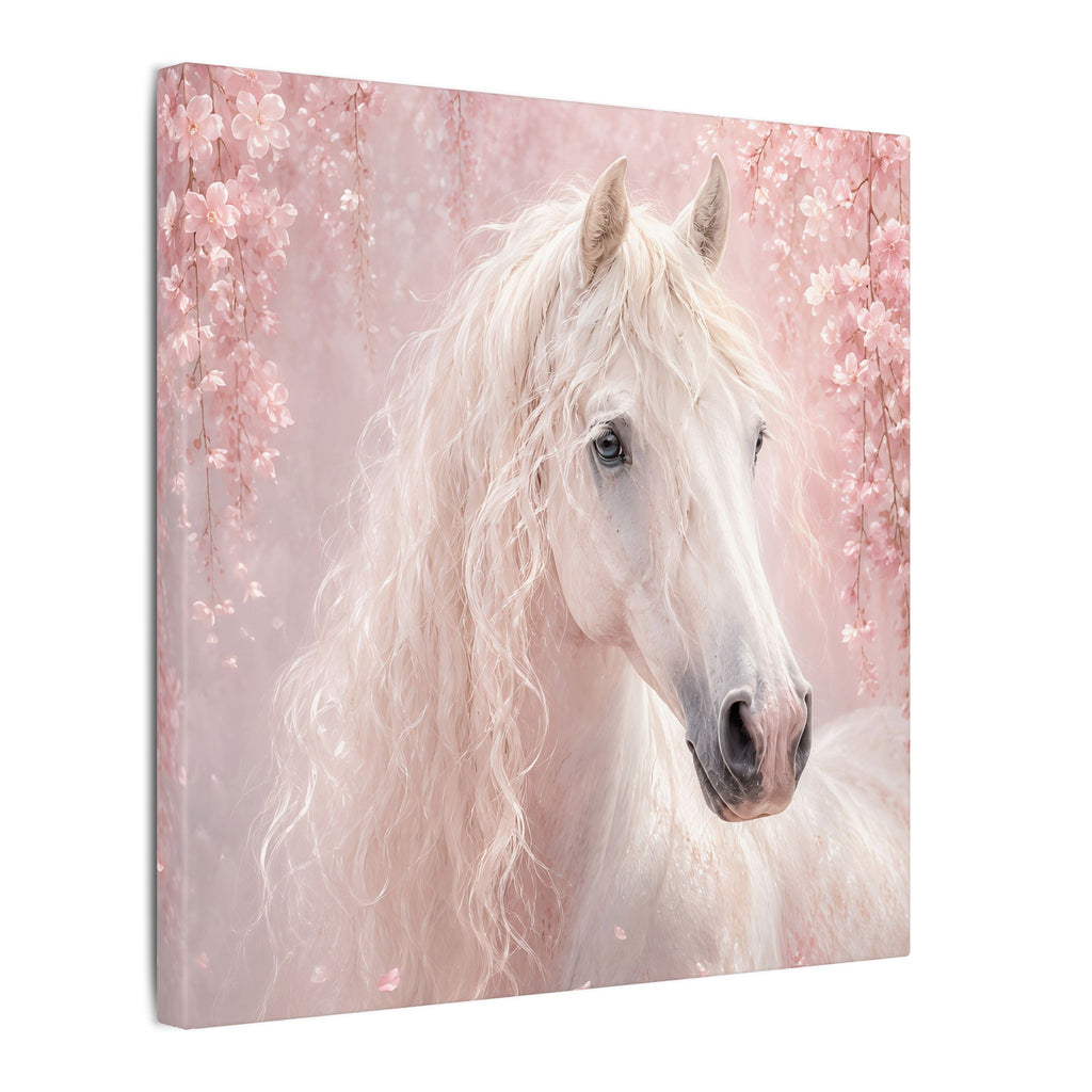 White Horse Canvas Wall Art — Romantic Pink Floral Unicorn-Style Print