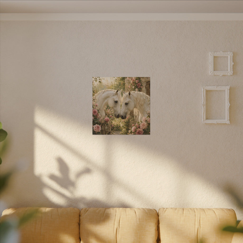 Romantic White Horses Canvas Wall Art — Floral Garden Horse Print