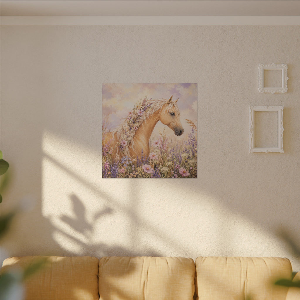 Palomino Horse Canvas Wall Art — Floral Meadow Matte Stretched Canvas
