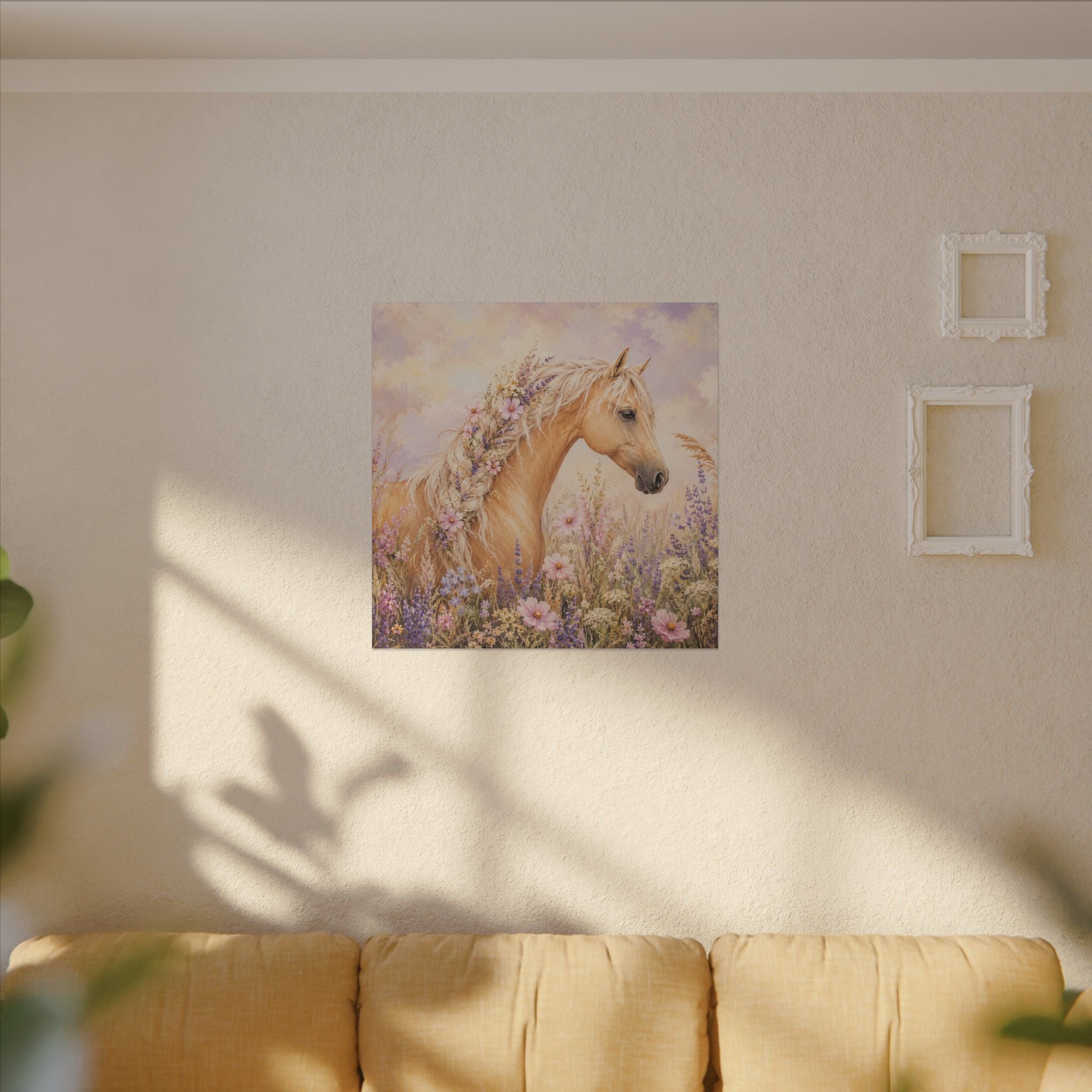 Palomino Horse Canvas Wall Art — Floral Meadow Matte Stretched Canvas
