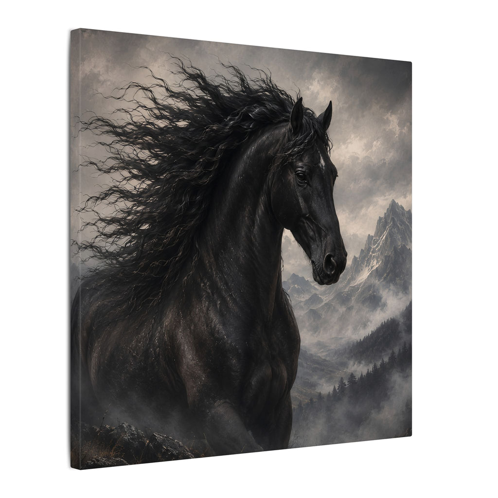 Majestic Black Horse Matte Canvas Wall Art — Dramatic Mountain Stallion Print