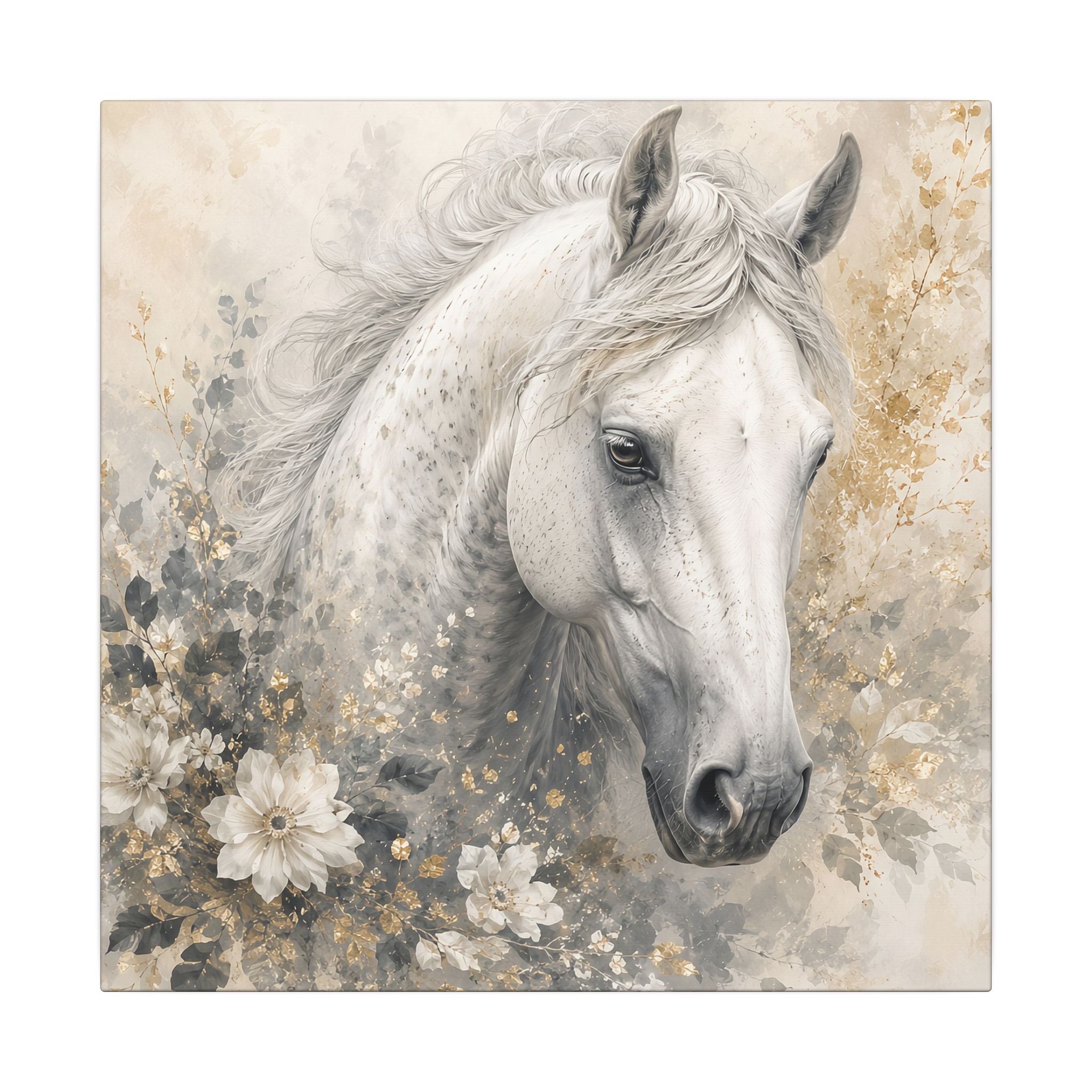 White Horse Floral Canvas Wall Art — Matte Stretched Horse Portrait