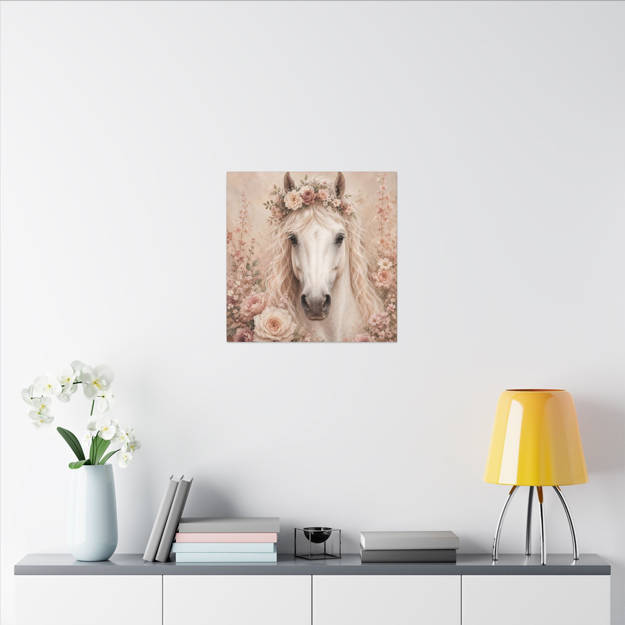 Floral White Horse Matte Canvas Wall Art
