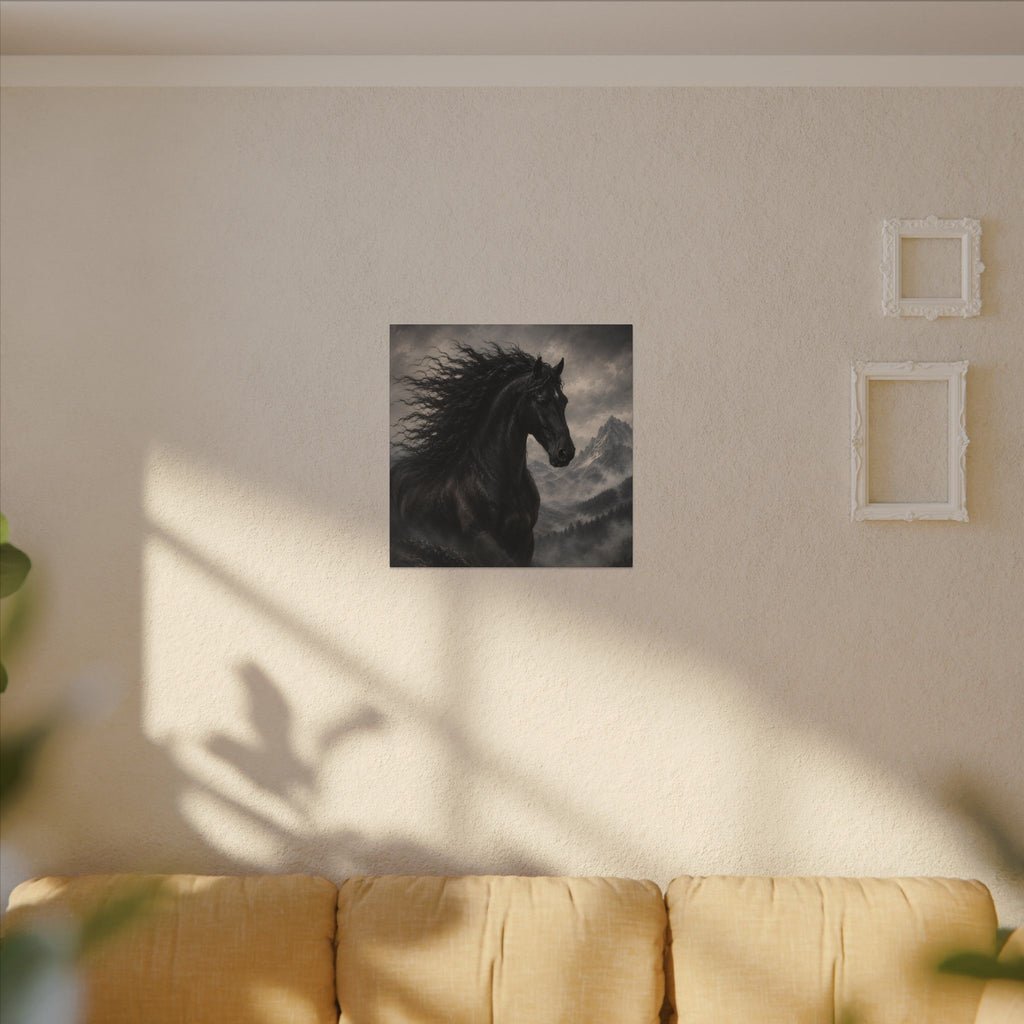 Majestic Black Horse Matte Canvas Wall Art — Dramatic Mountain Stallion Print