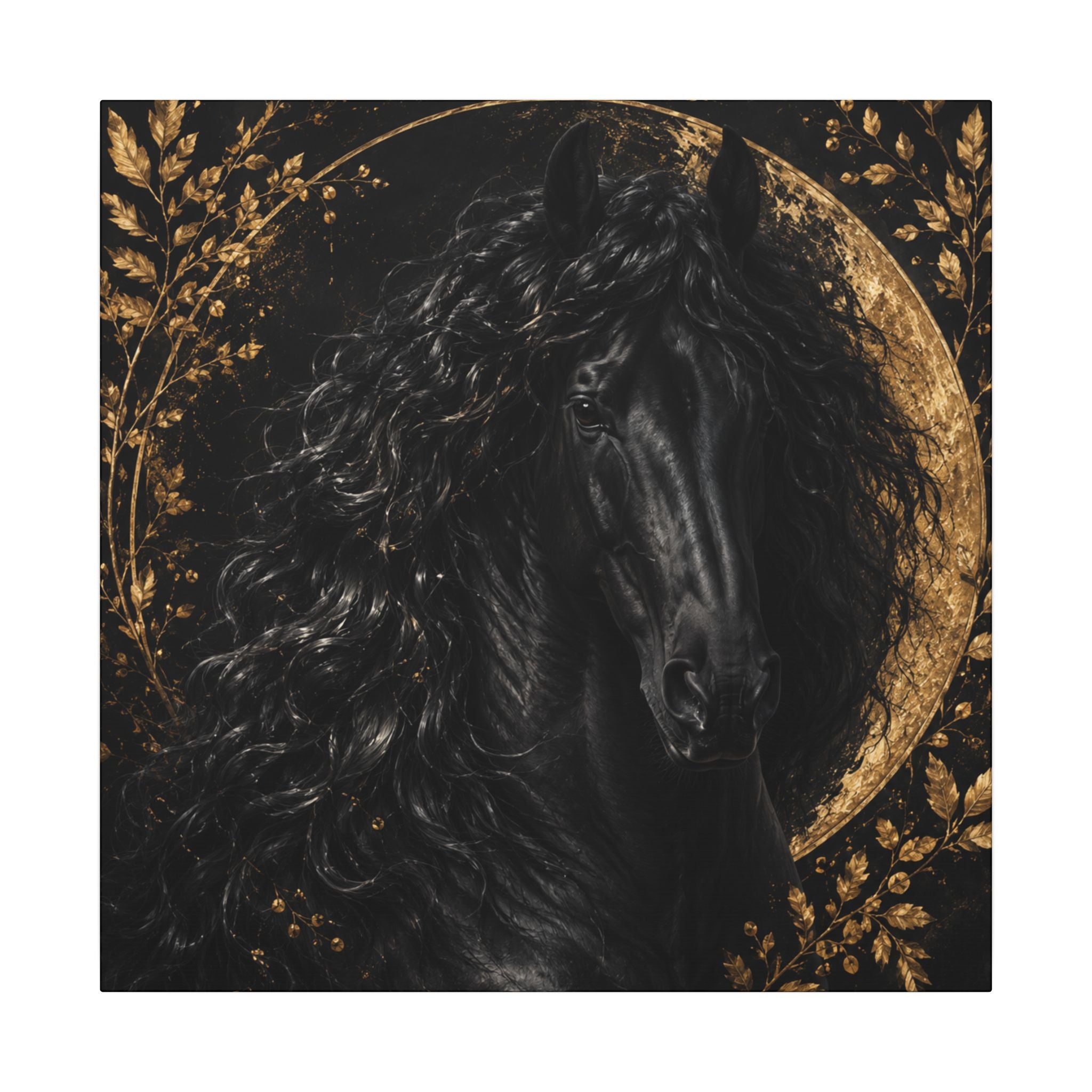 Black Stallion Canvas Print — Elegant Horse Wall Art with Gold Moon