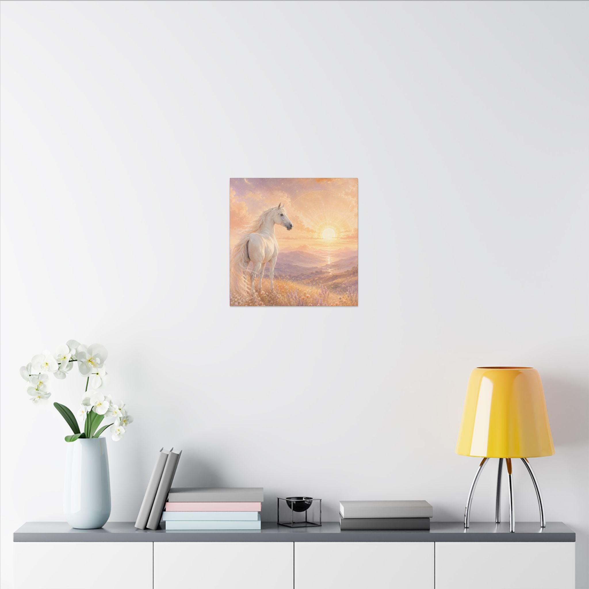 Equine Sunrise Matte Canvas Wall Art — White Horse Fantasy Landscape