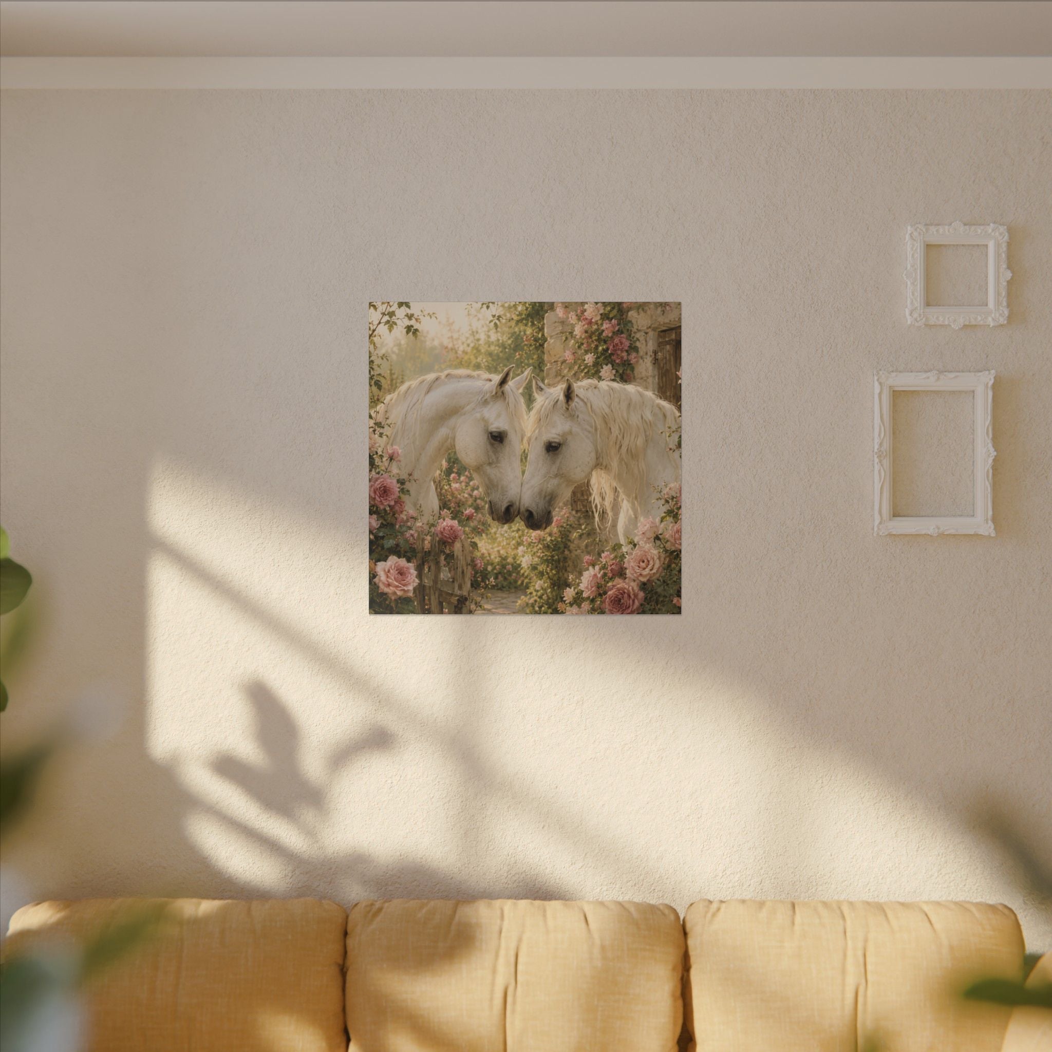 Romantic White Horses Canvas Wall Art — Floral Garden Horse Print