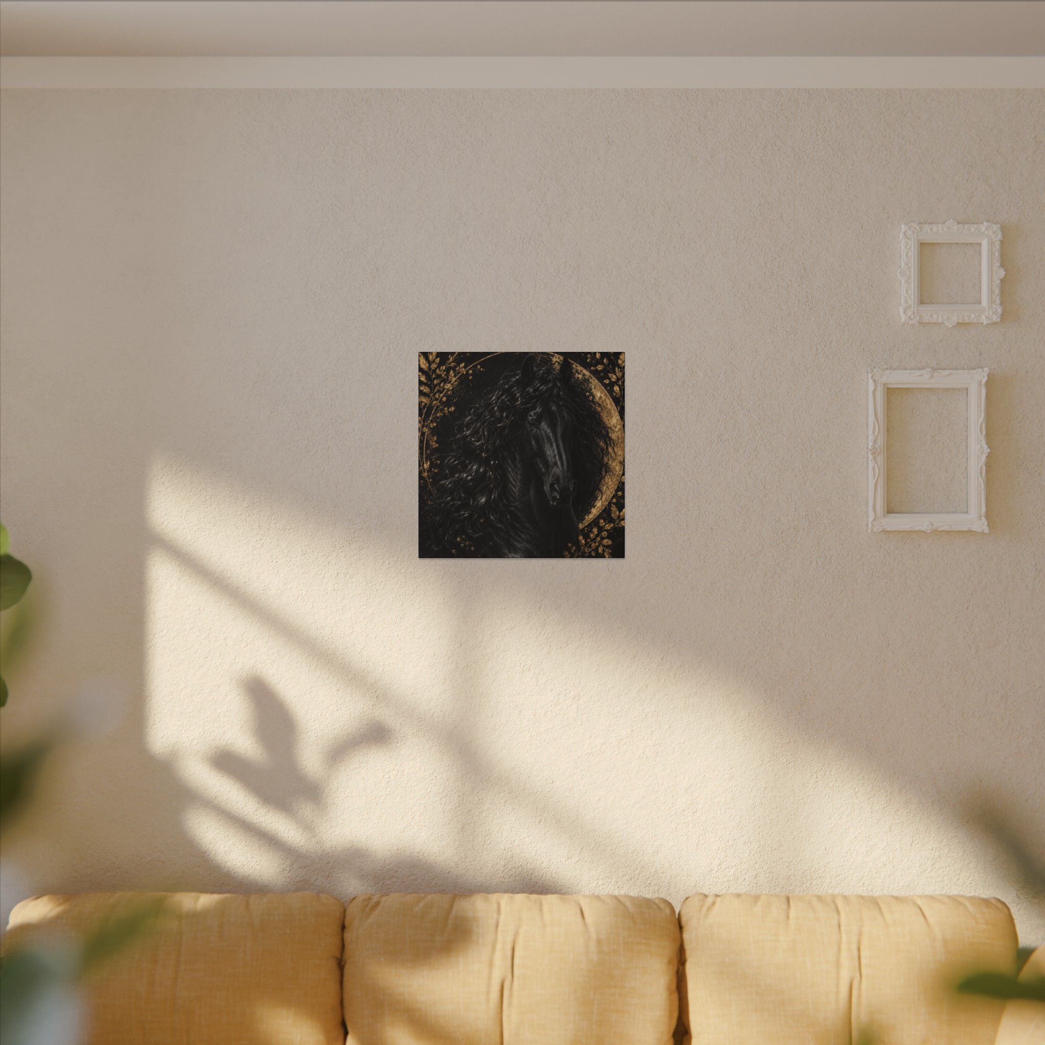 Black Stallion Canvas Print — Elegant Horse Wall Art with Gold Moon