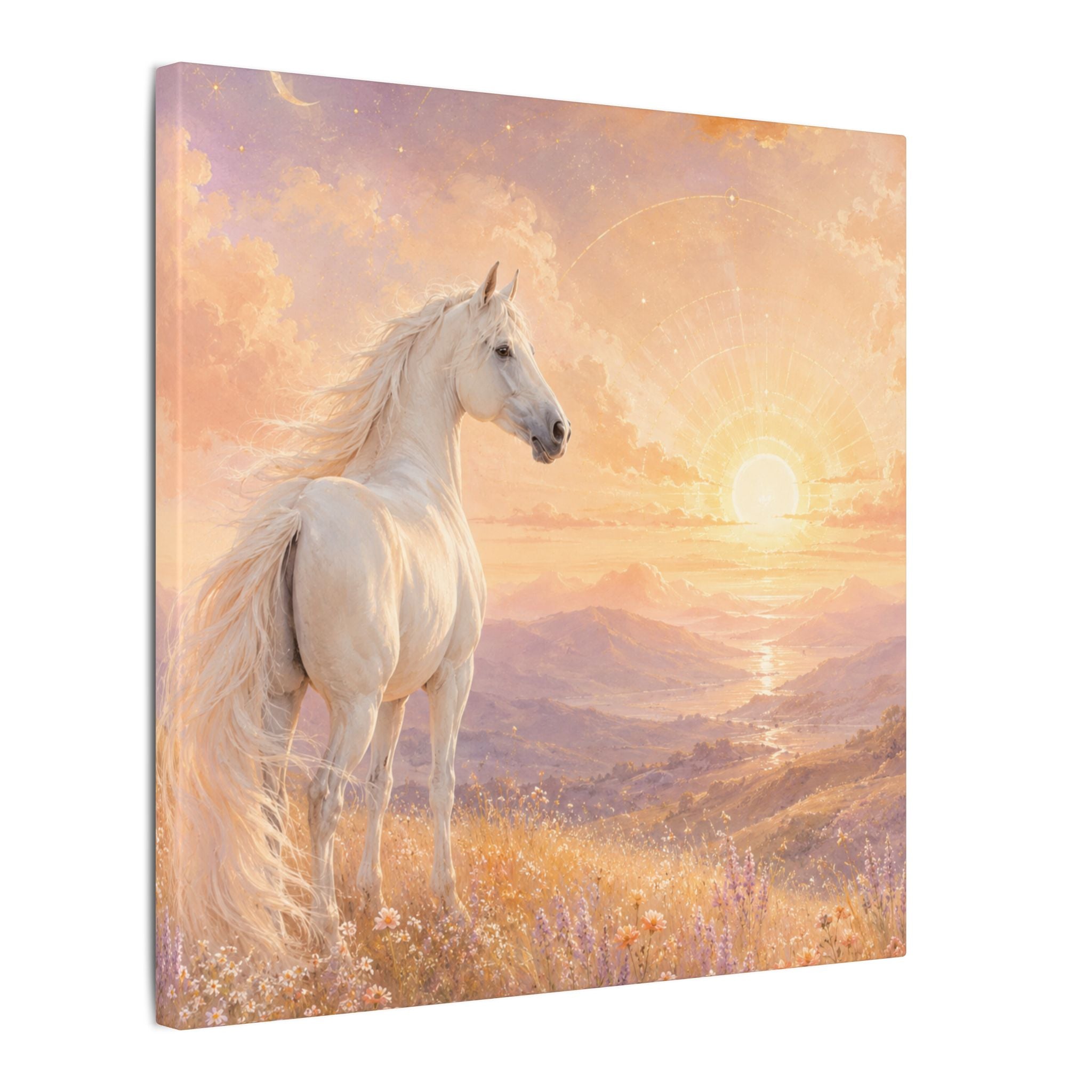 Equine Sunrise Matte Canvas Wall Art — White Horse Fantasy Landscape