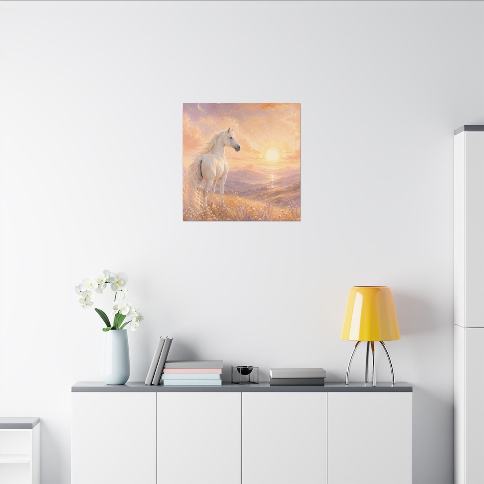Equine Sunrise Matte Canvas Wall Art — White Horse Fantasy Landscape