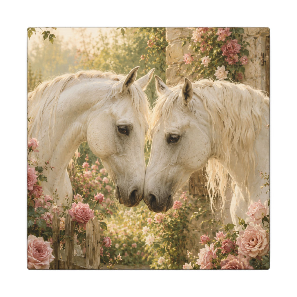 Romantic White Horses Canvas Wall Art — Floral Garden Horse Print