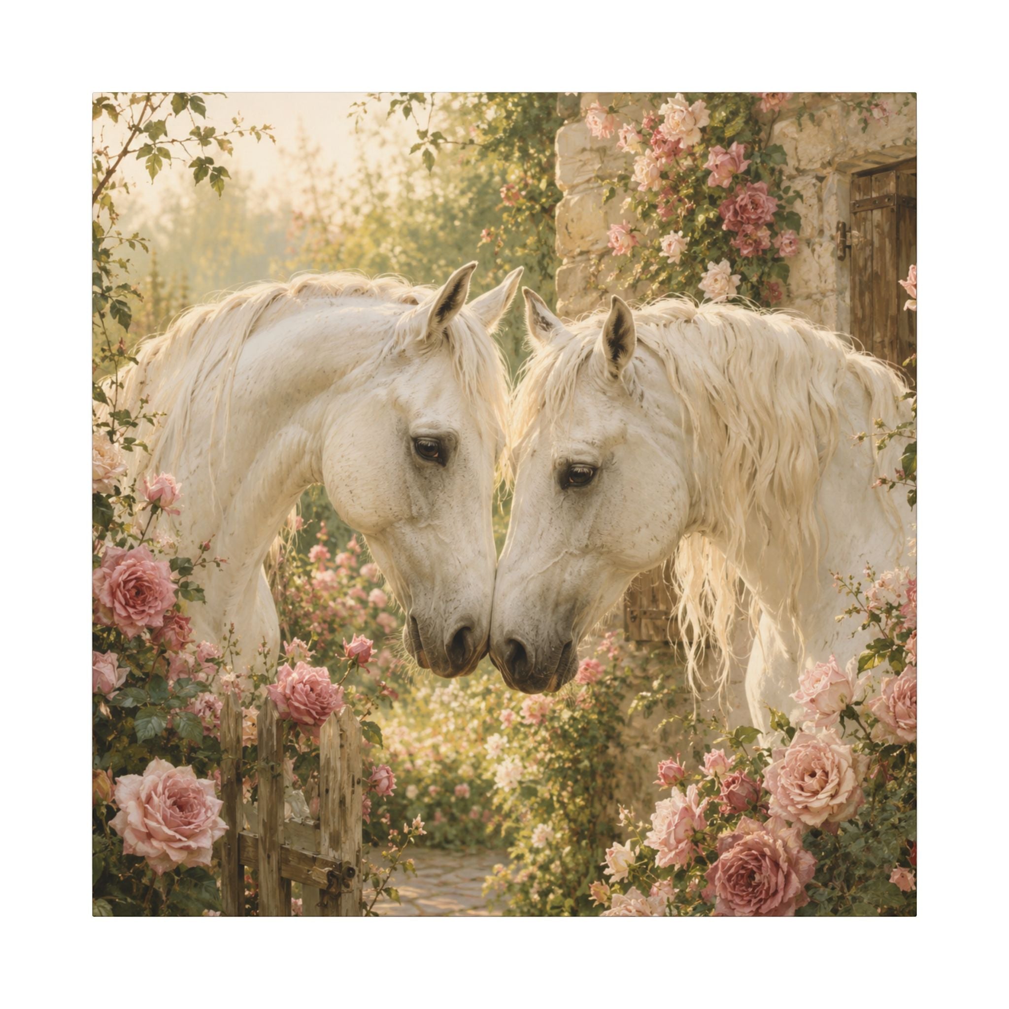 Romantic White Horses Canvas Wall Art — Floral Garden Horse Print