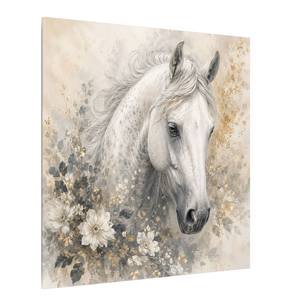 White Horse Floral Canvas Wall Art — Matte Stretched Horse Portrait