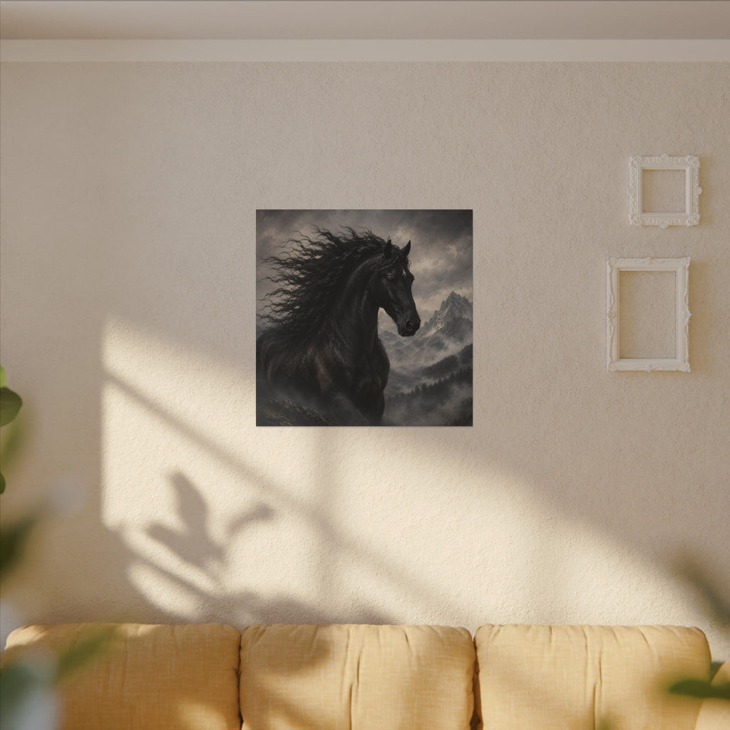 Majestic Black Horse Matte Canvas Wall Art — Dramatic Mountain Stallion Print