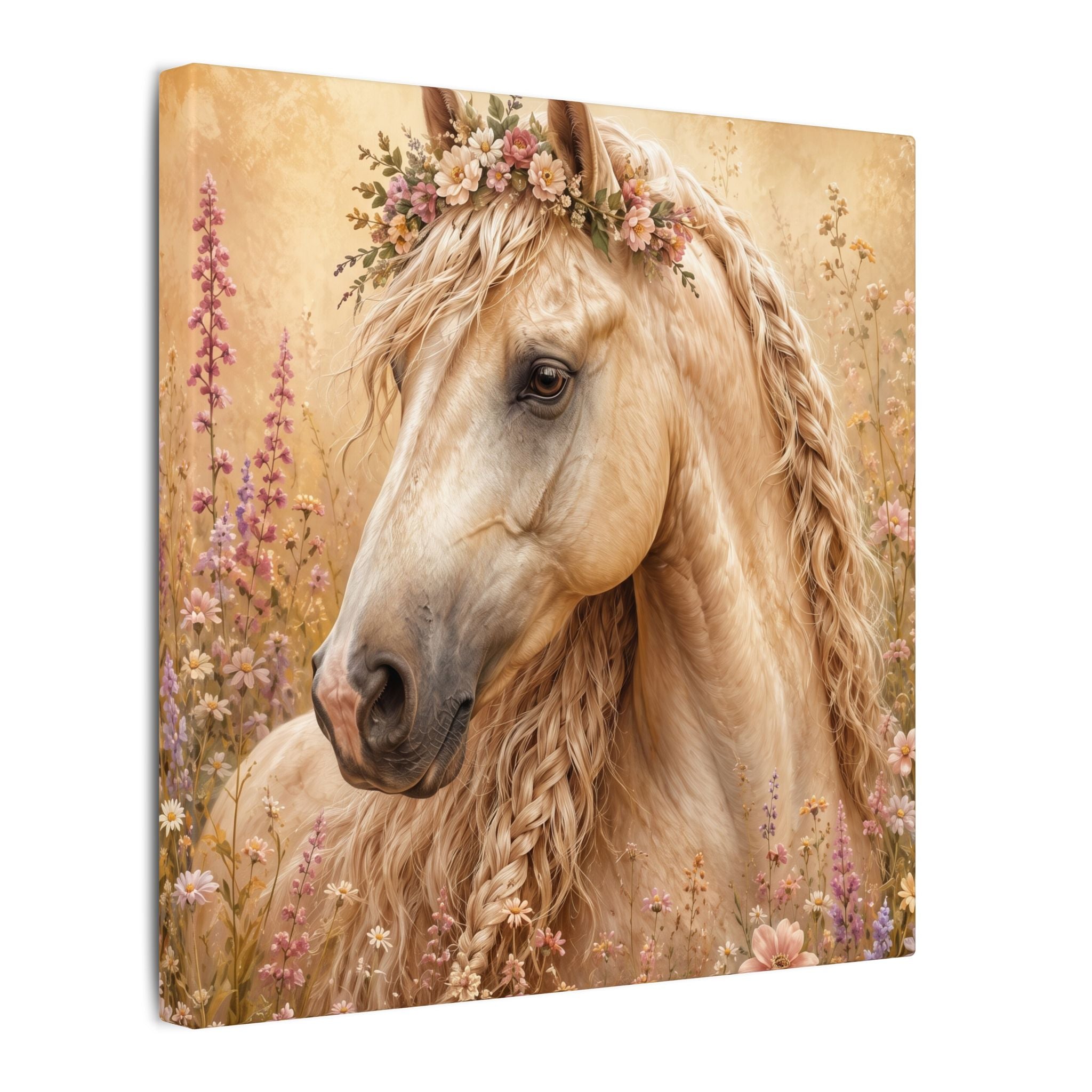Golden Floral Horse Canvas Print — Matte Stretched Wall Art
