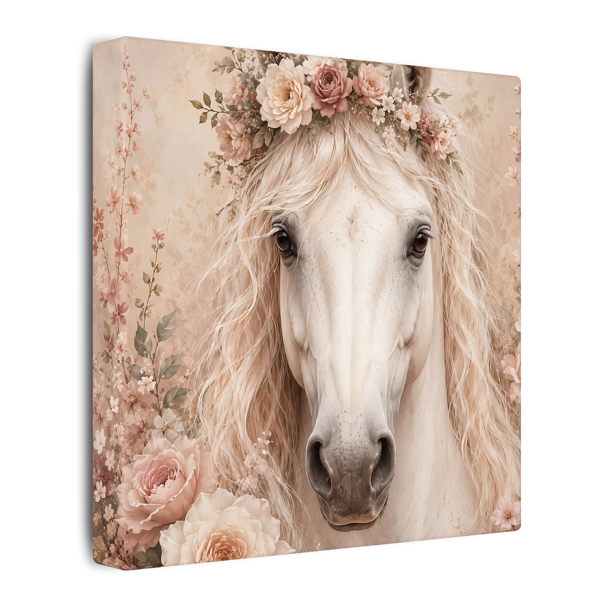 Floral White Horse Matte Canvas Wall Art